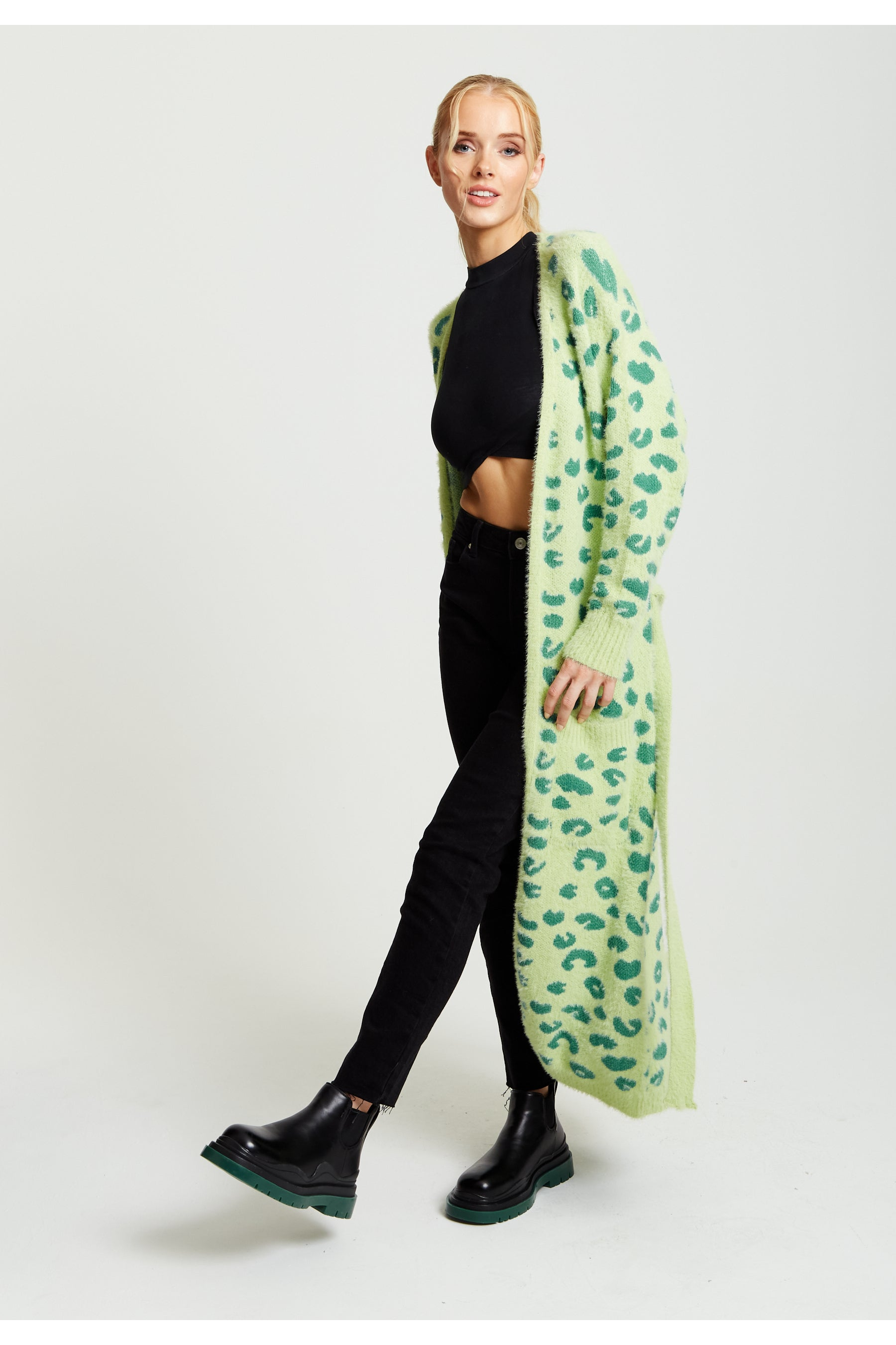 Liquorish Fluffy Longline Cardigan In Green Animal Print 148