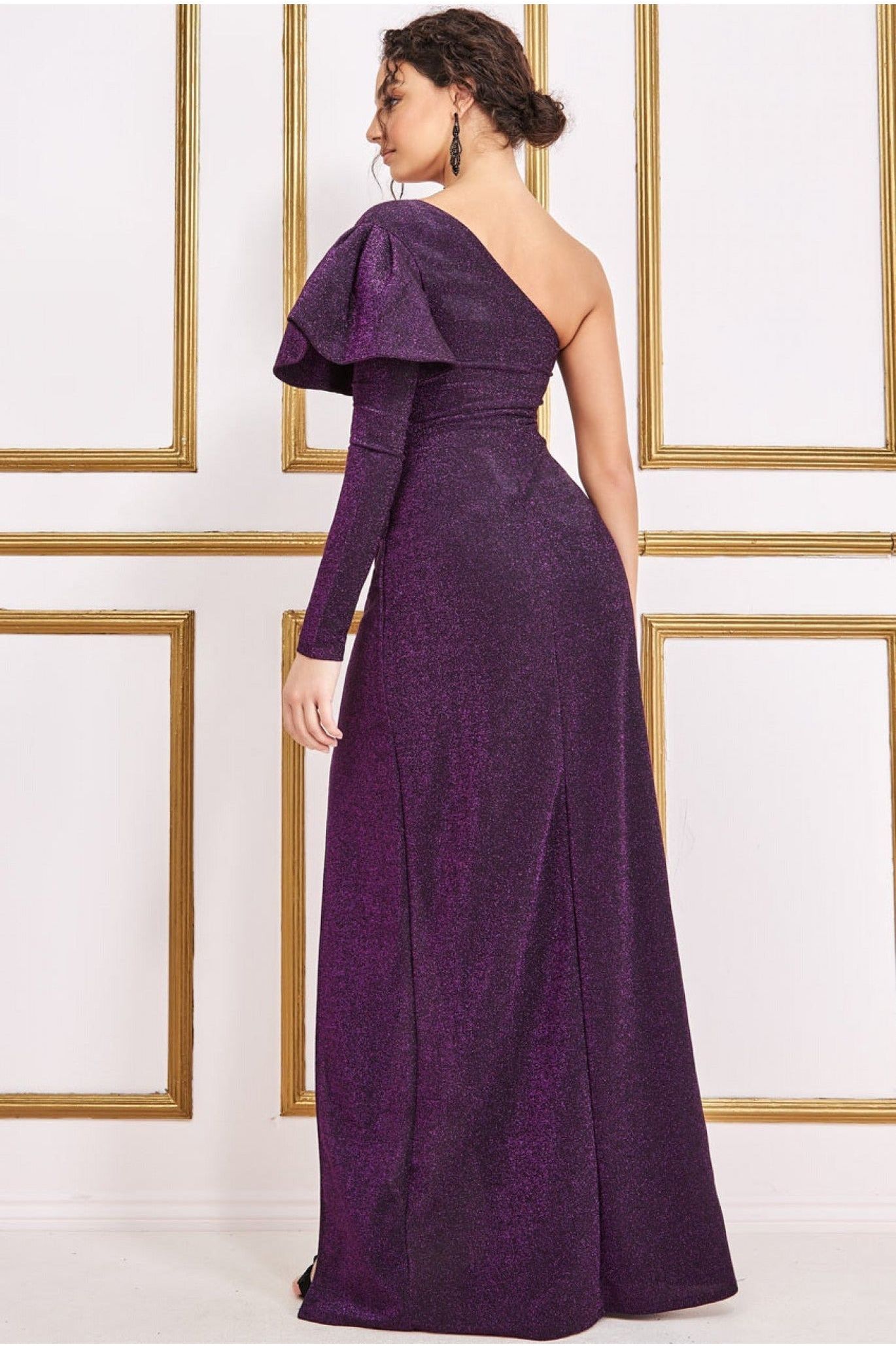 One Sleeve Frill Lurex Maxi Dress - Purple DR3693