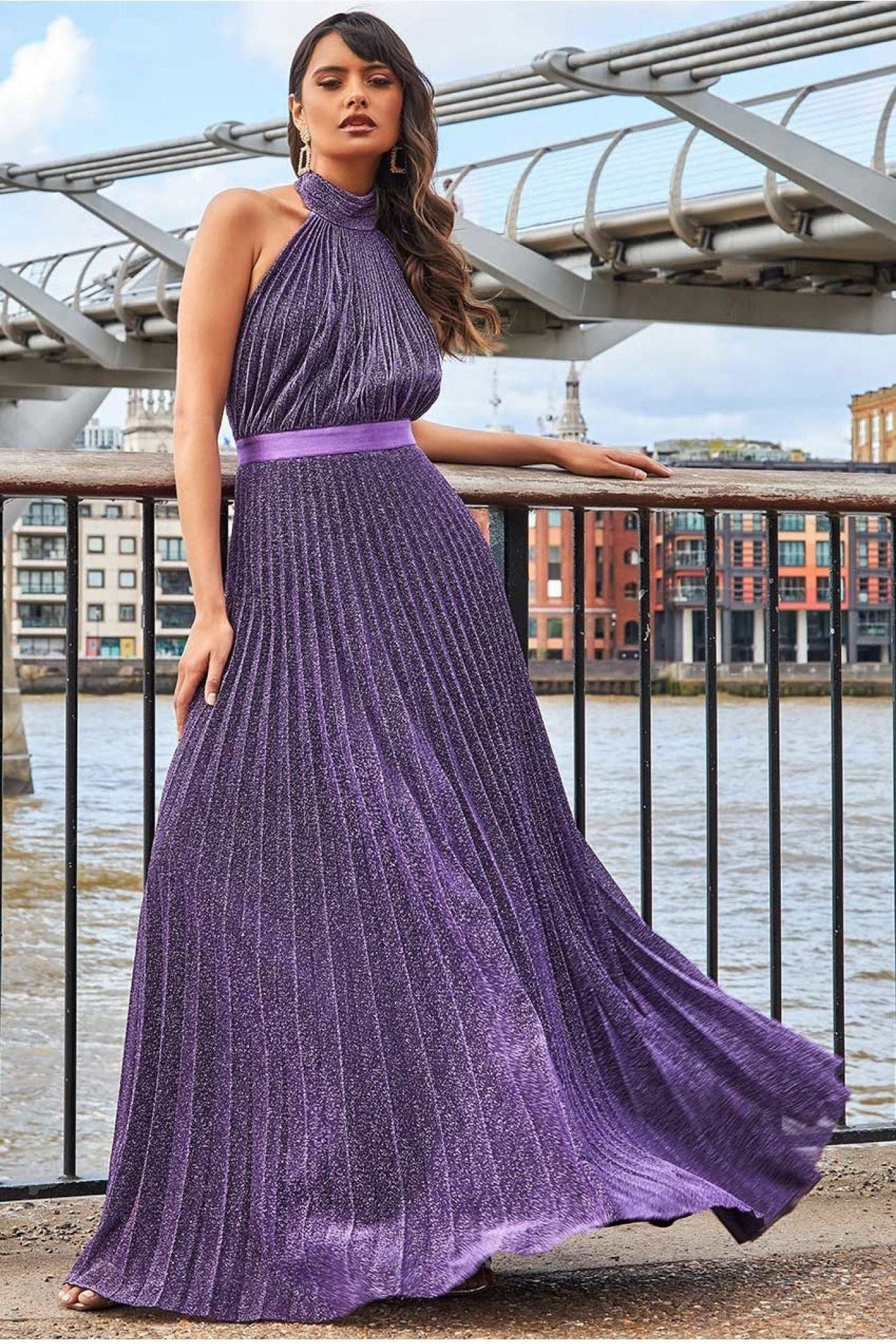 Lurex Halterneck Pleated Maxi Dress - Purple DR3429