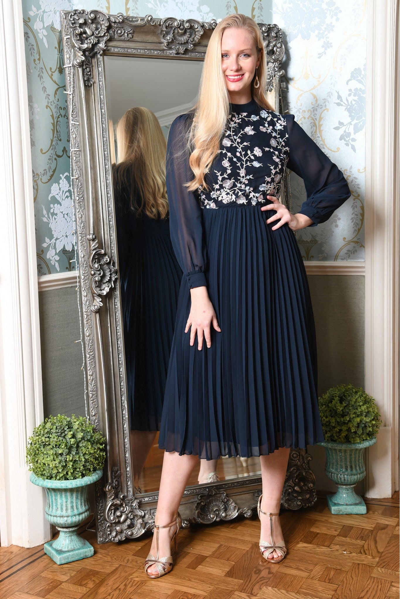 Navy Long Sleeve Embroidered Midi Dress With Pleats Goddiva