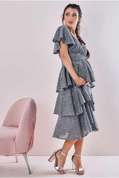 Maternity Sequin Lurex Tiered Midi Silver by Goddiva