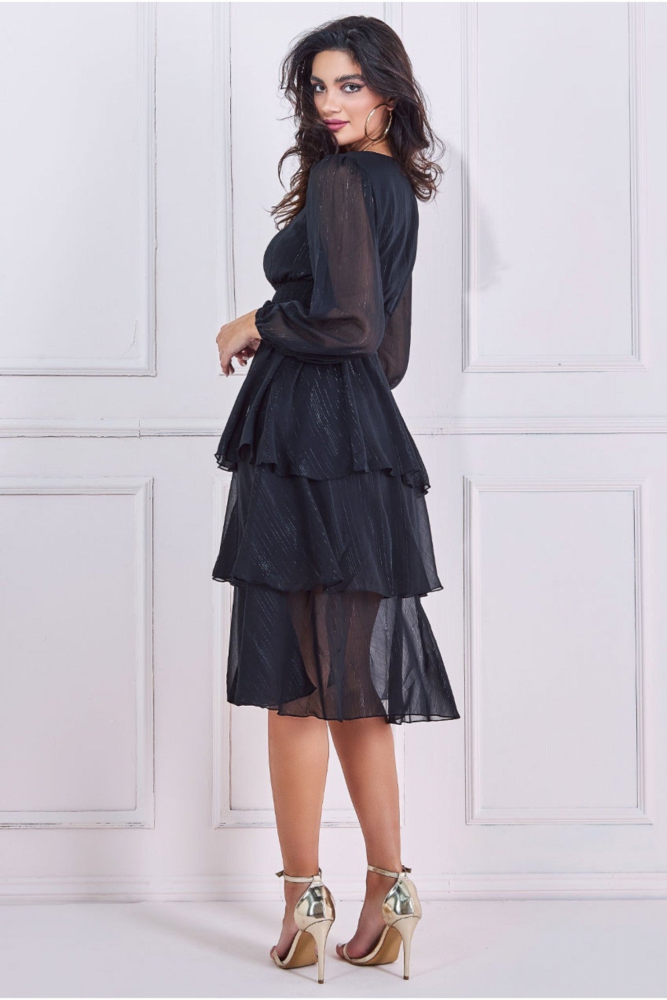 Long Sleeve Tiered Midi Dress - Black DR3764QZ