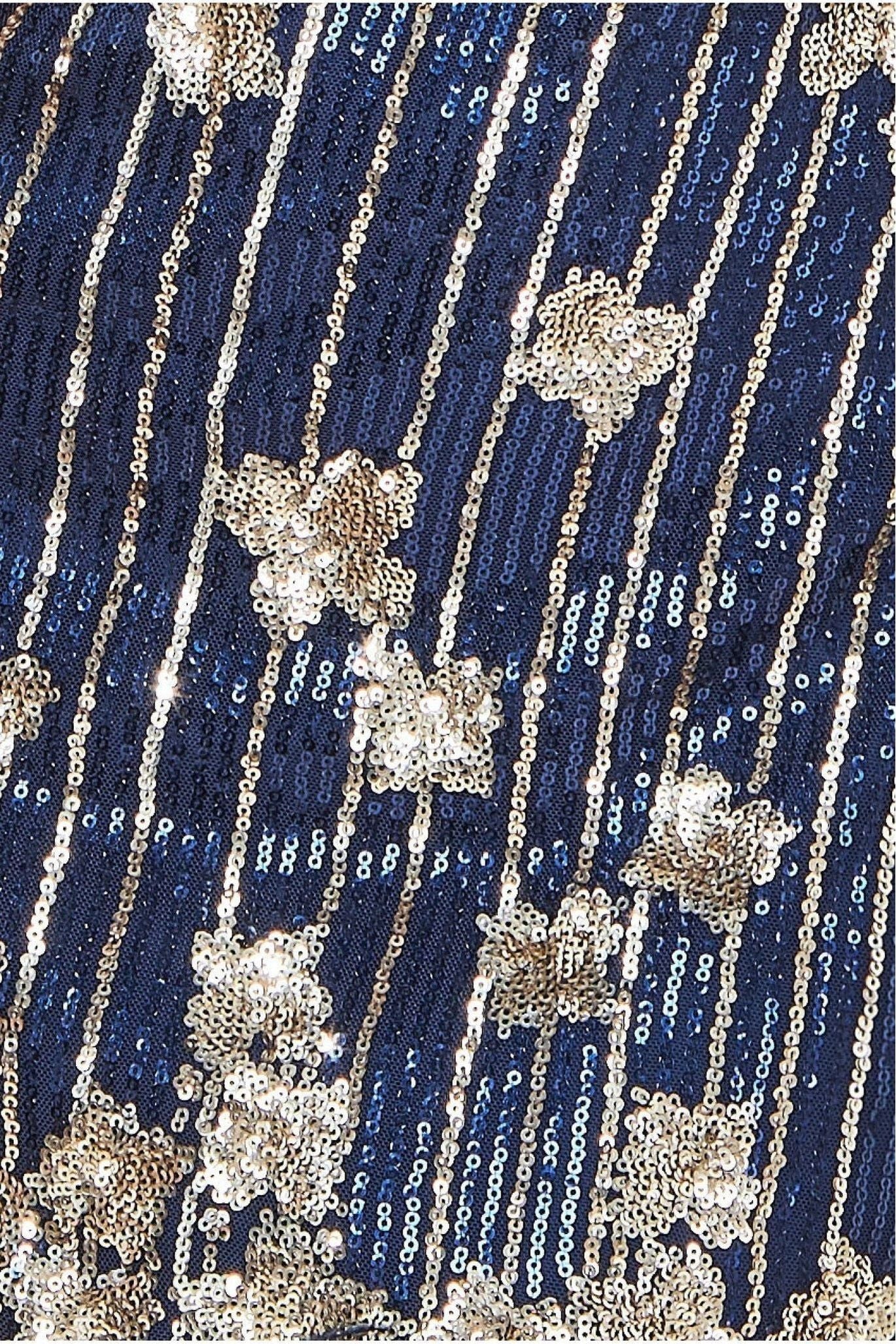 Sequin And Feather Open Back Mini - Navy DR3770