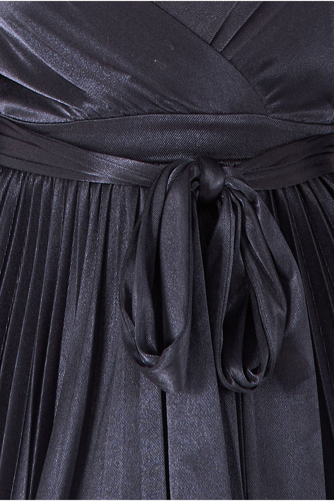 Satin Pleated Skirt Wrap Midi Dress - Black DR3921