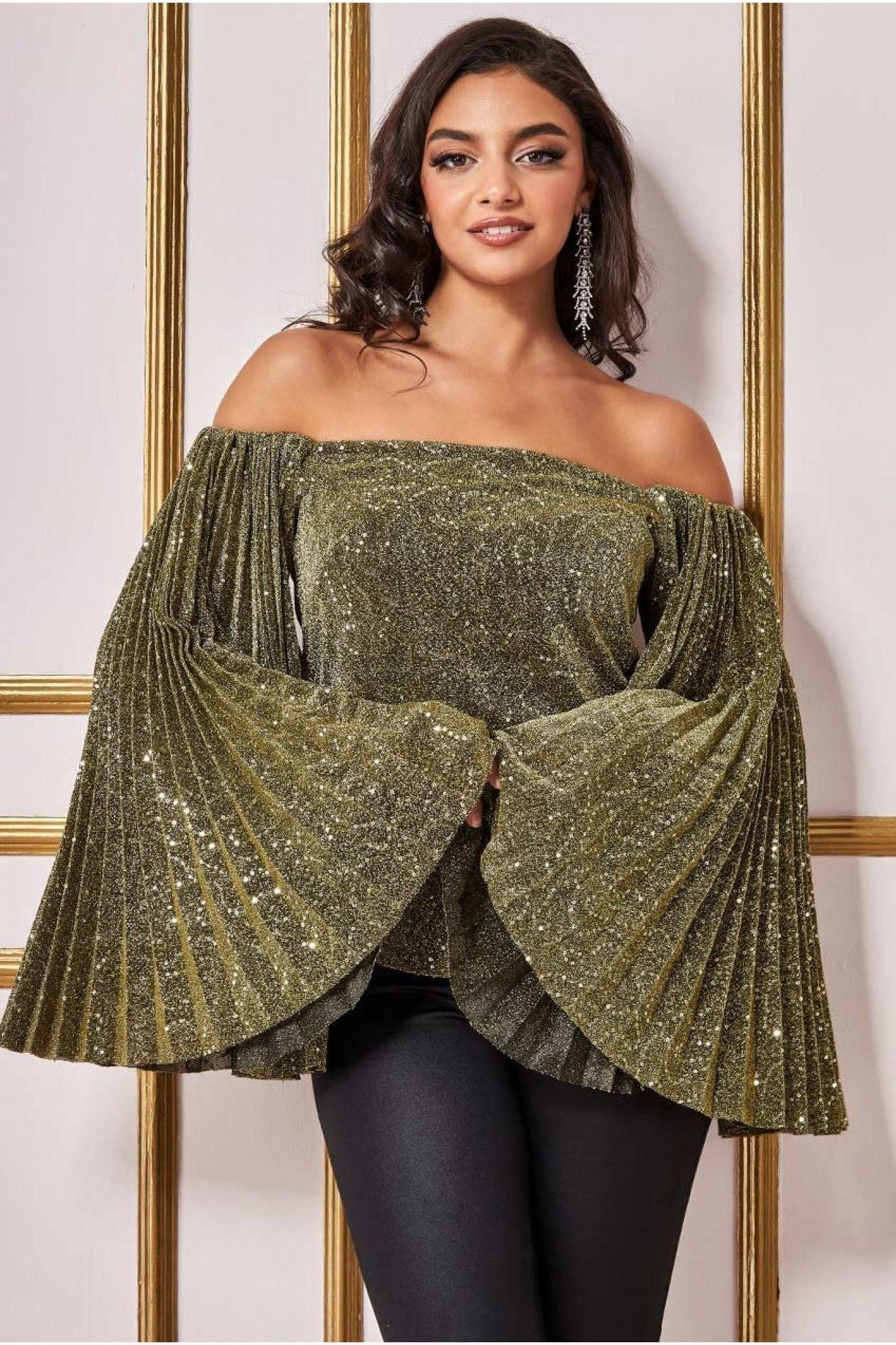 Sequin Lurex Bardot Pleated Sleeve Top - Gold T205