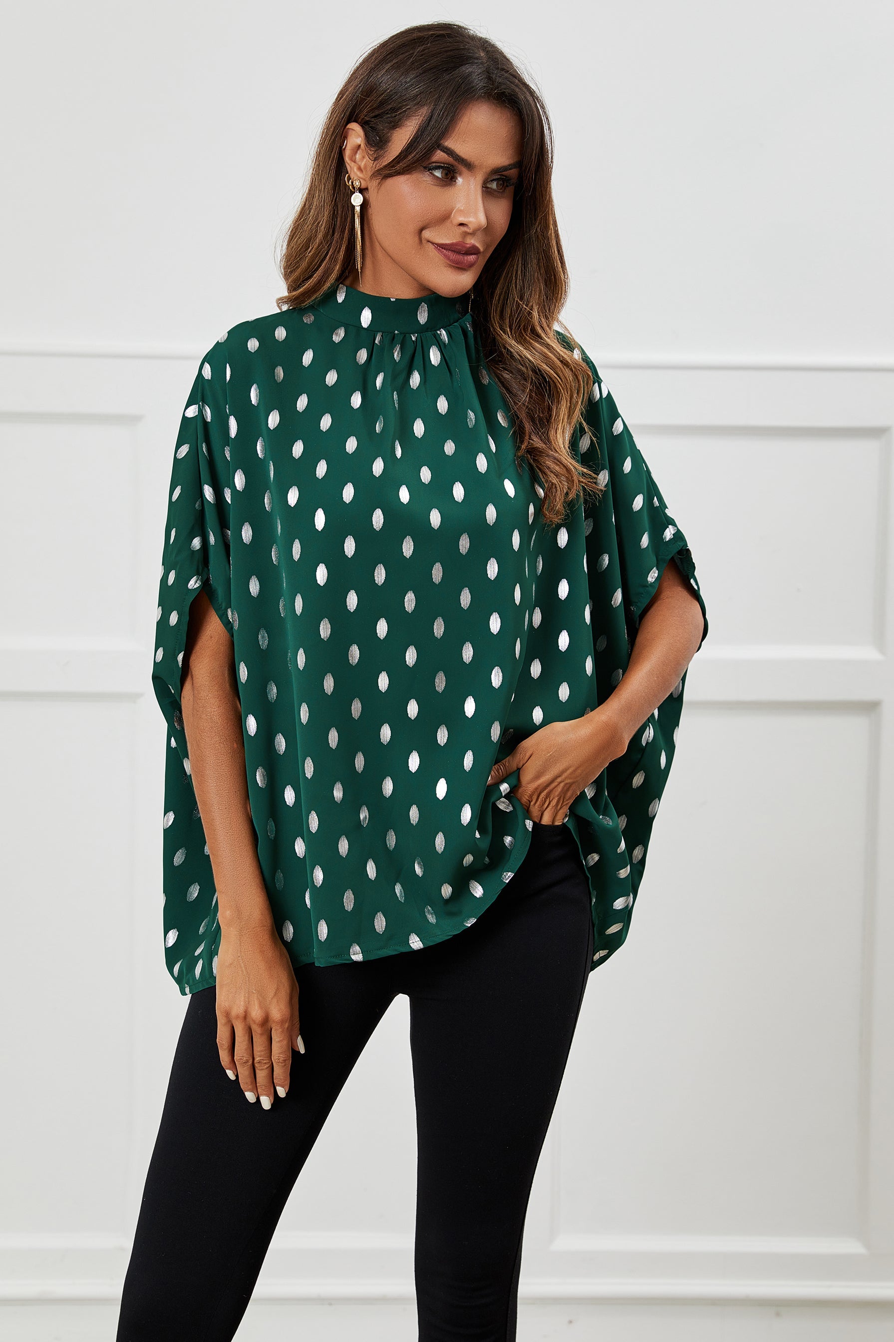 Silver Foil Loose Fit Top In Green FS617