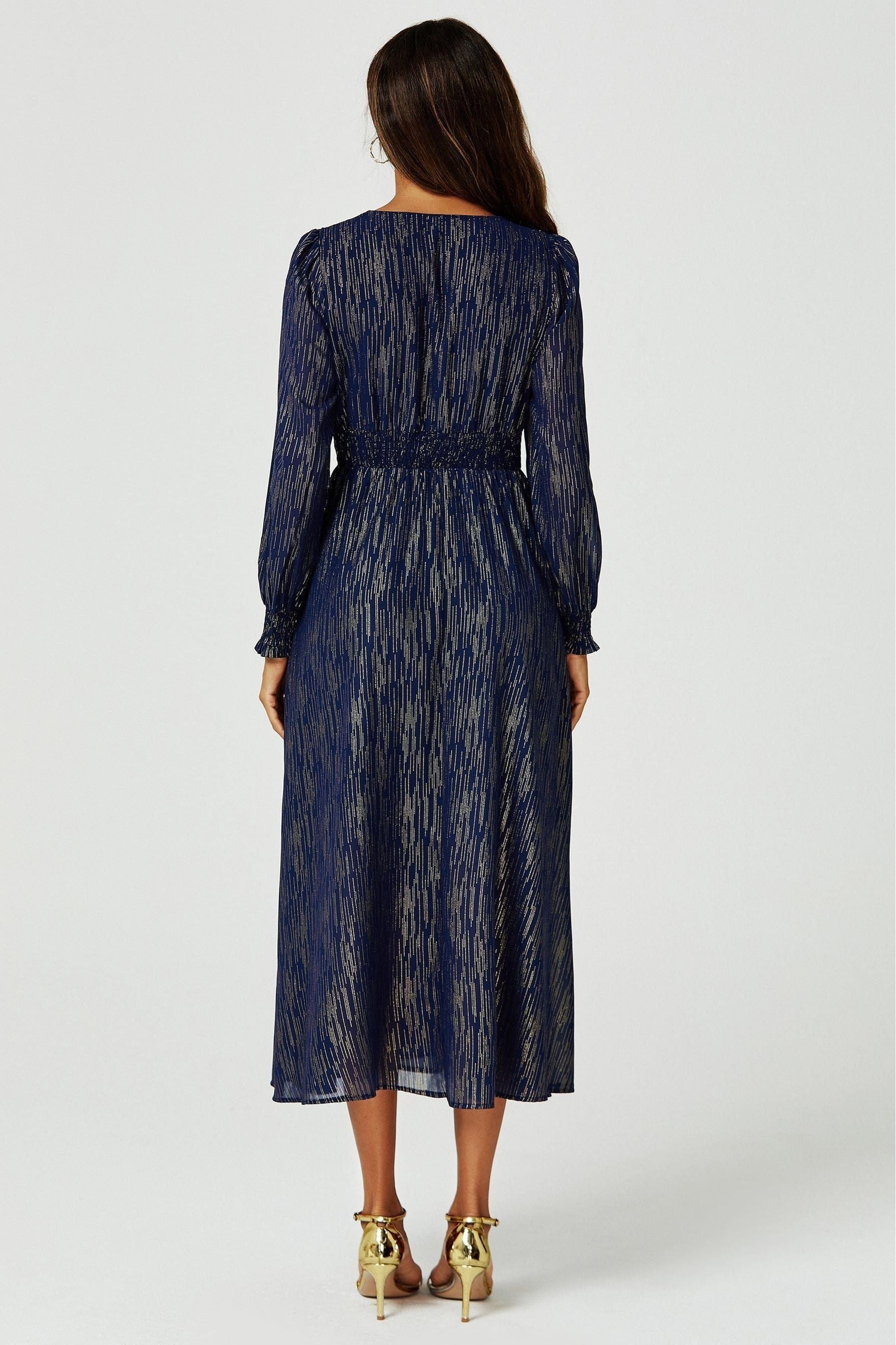 Gold Stripe Foil Long Sleeve Maxi Dress In Navy FS629-NavyStripe