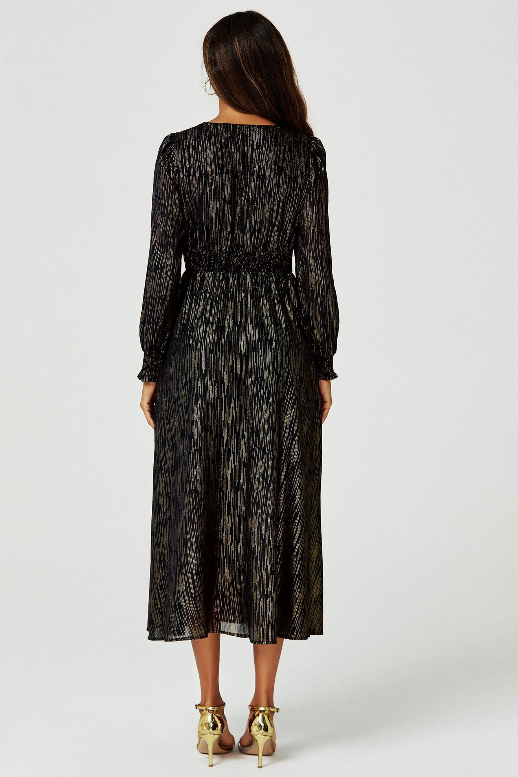 Gold Stripe Foil Long Sleeve Maxi Dress In Black FS629-BlackStripe