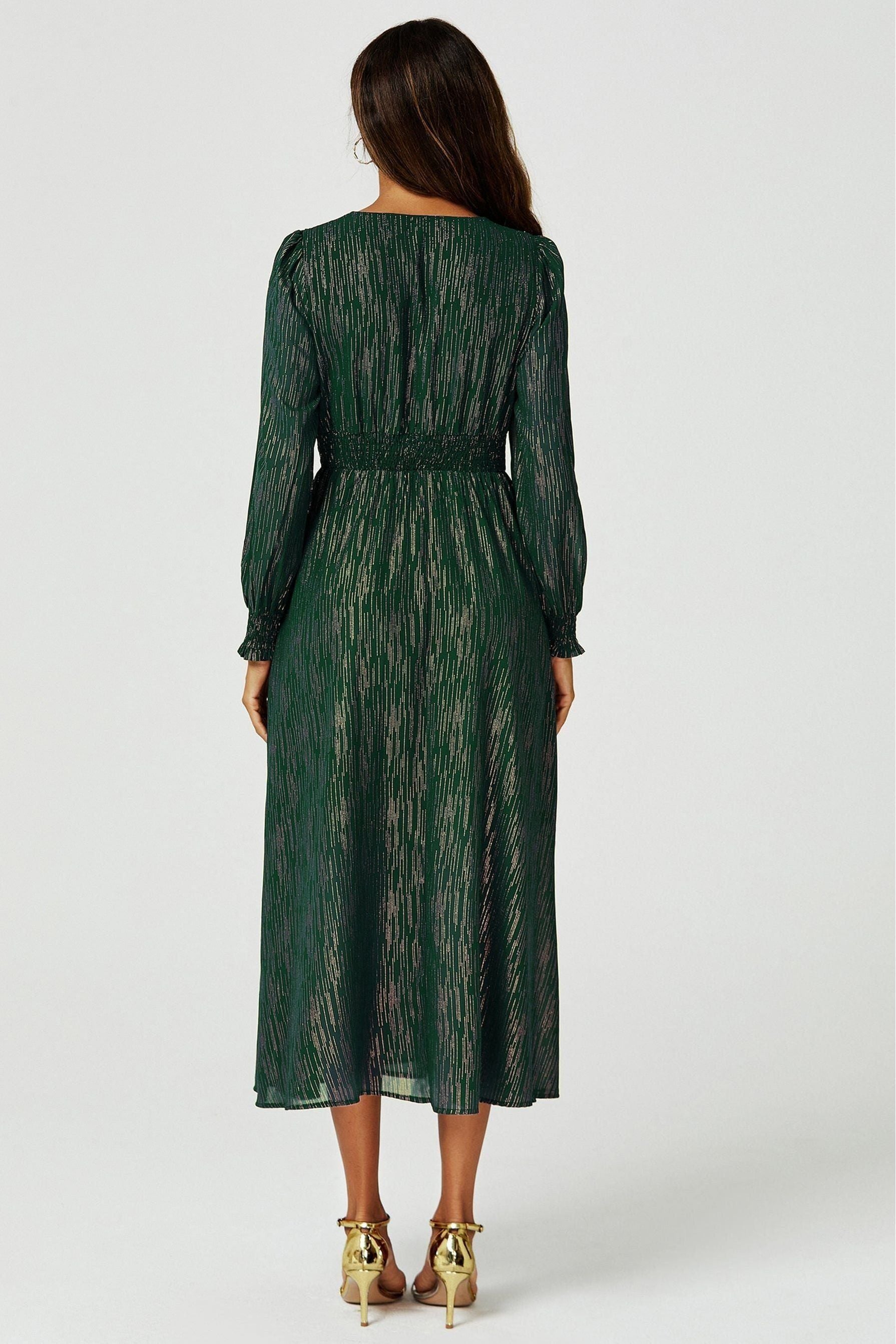 Gold Stripe Foil Long Sleeve Maxi Dress In Green FS629
