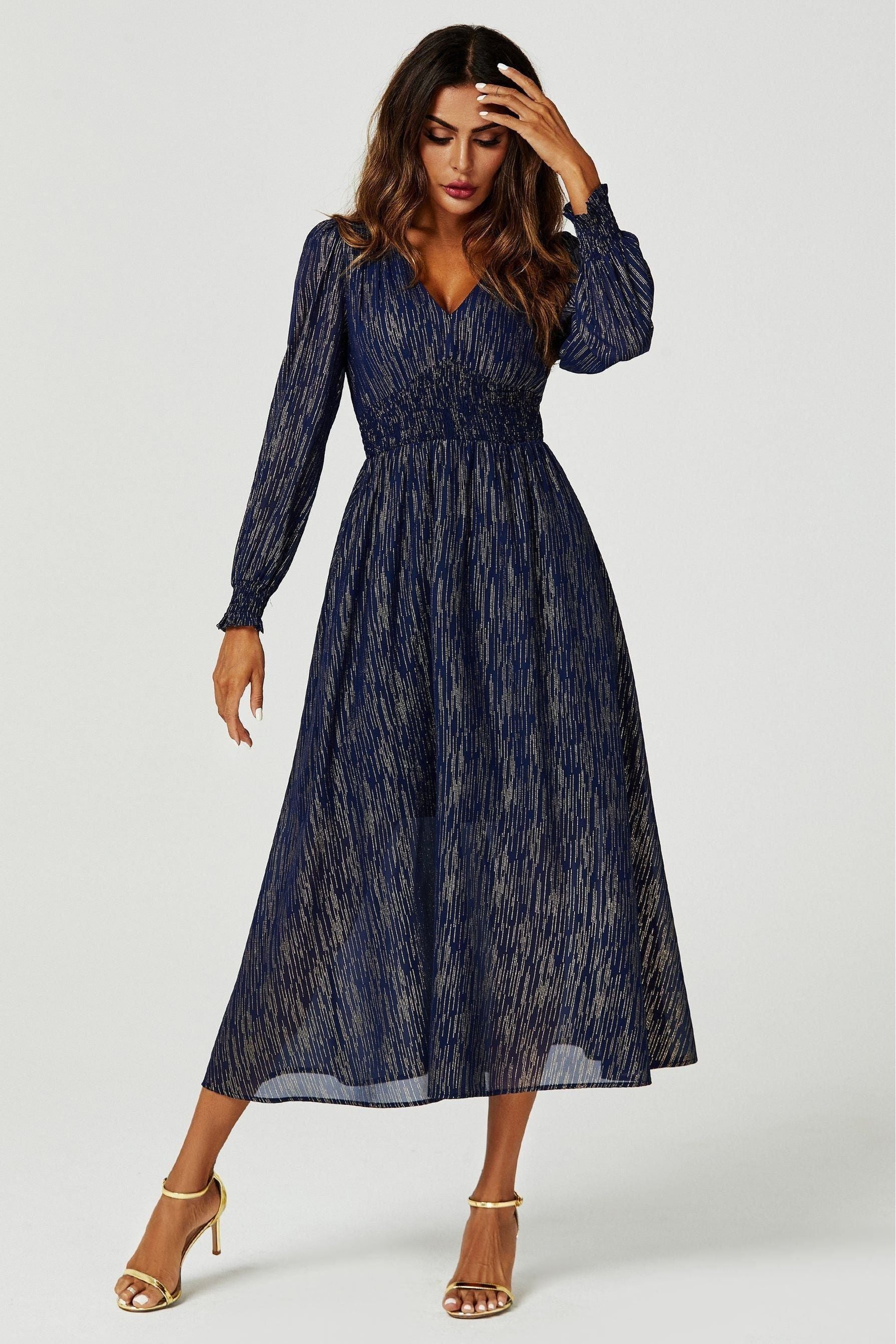 Gold Stripe Foil Long Sleeve Maxi Dress In Navy FS629-NavyStripe