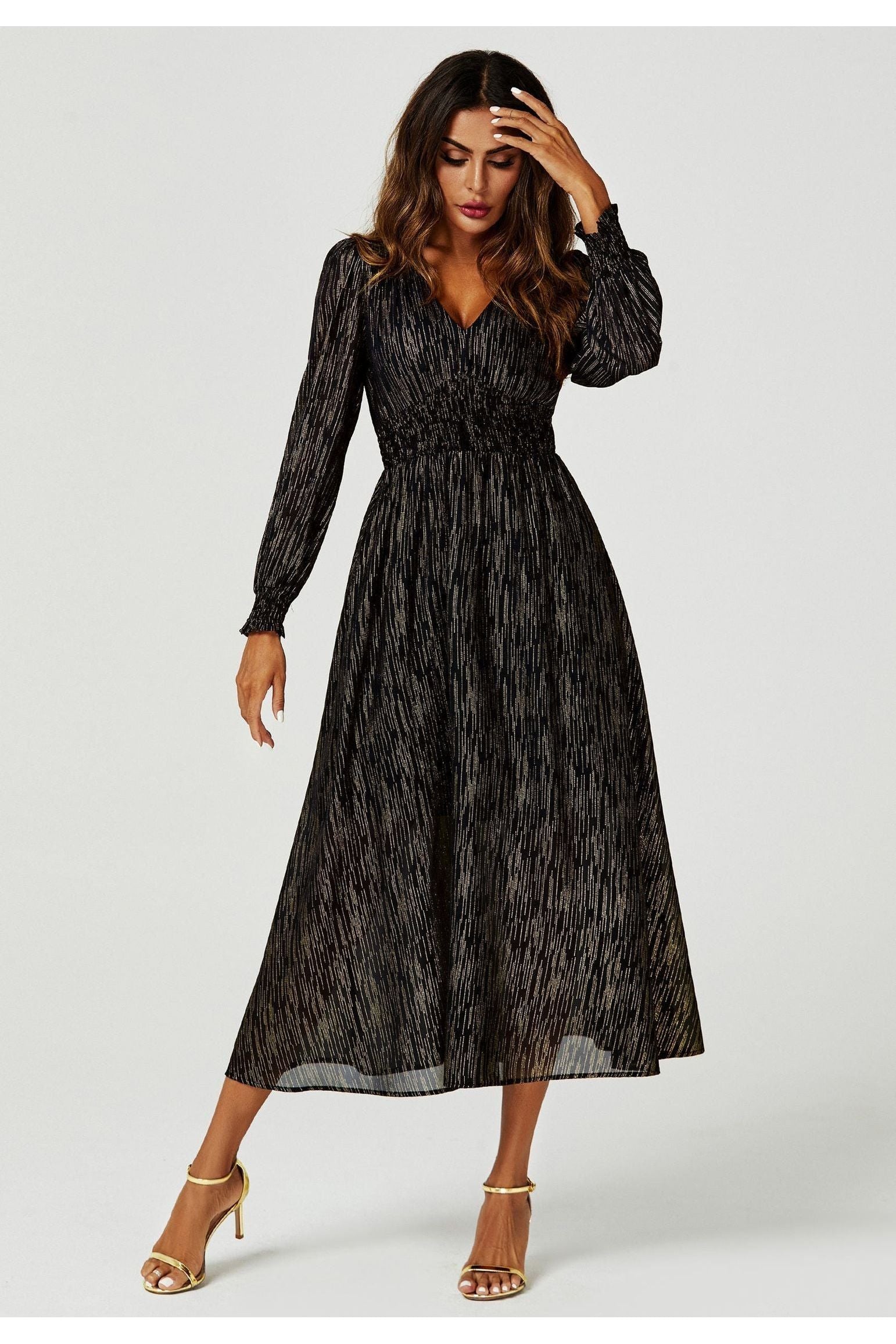 Gold Stripe Foil Long Sleeve Maxi Dress In Black FS629-BlackStripe