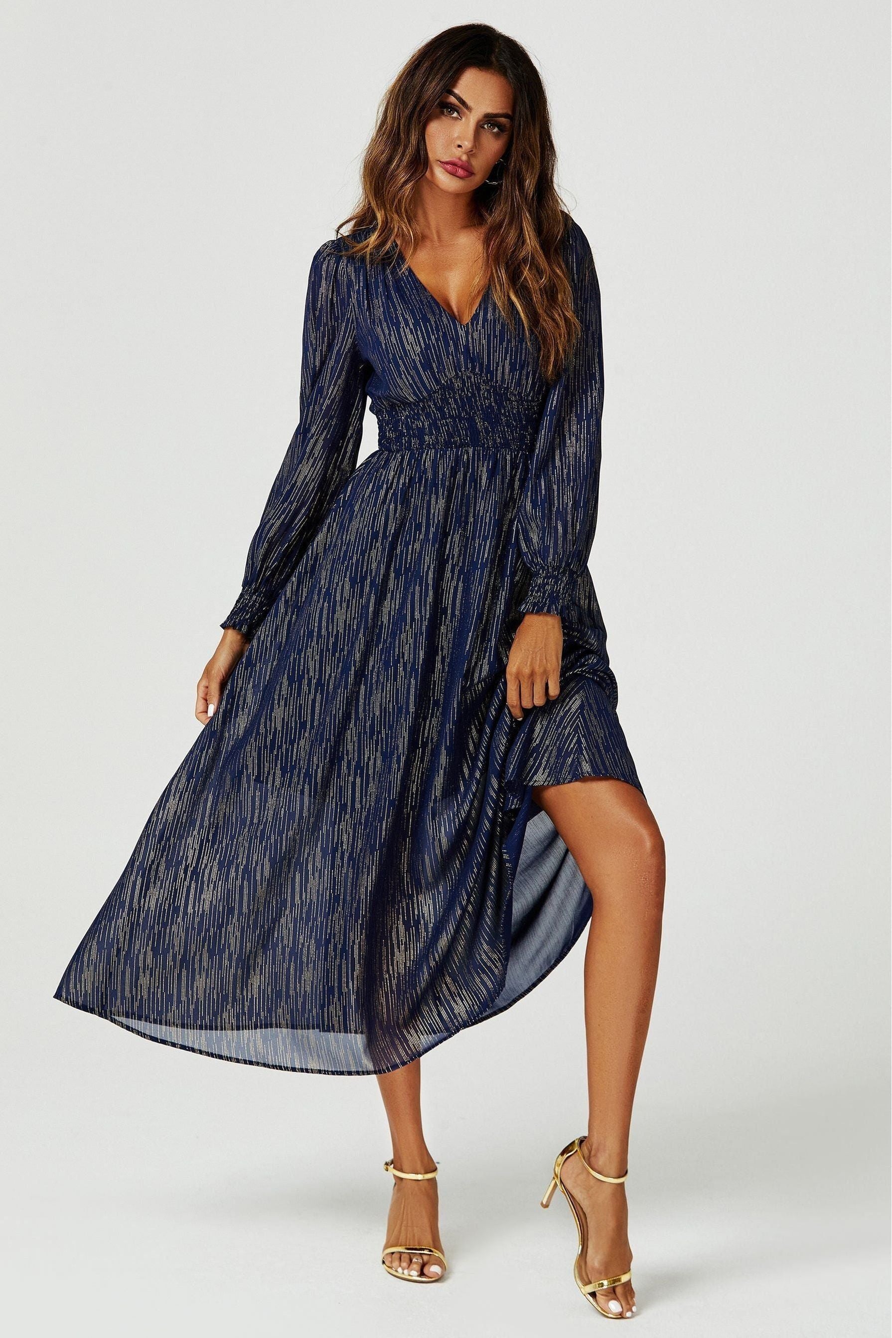 Gold Stripe Foil Long Sleeve Maxi Dress In Navy FS629-NavyStripe