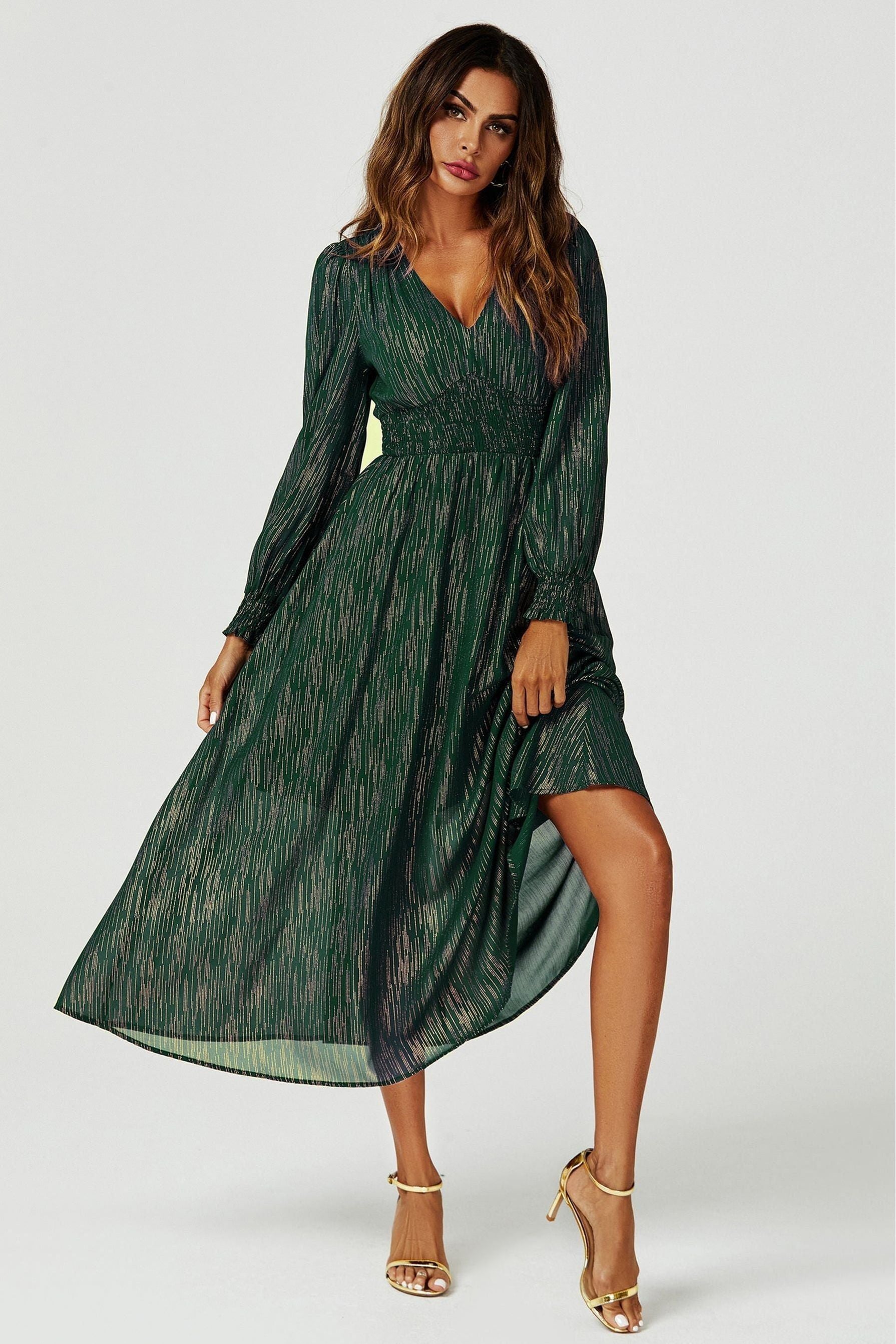 Gold Stripe Foil Long Sleeve Maxi Dress In Green FS629-GreenStripe