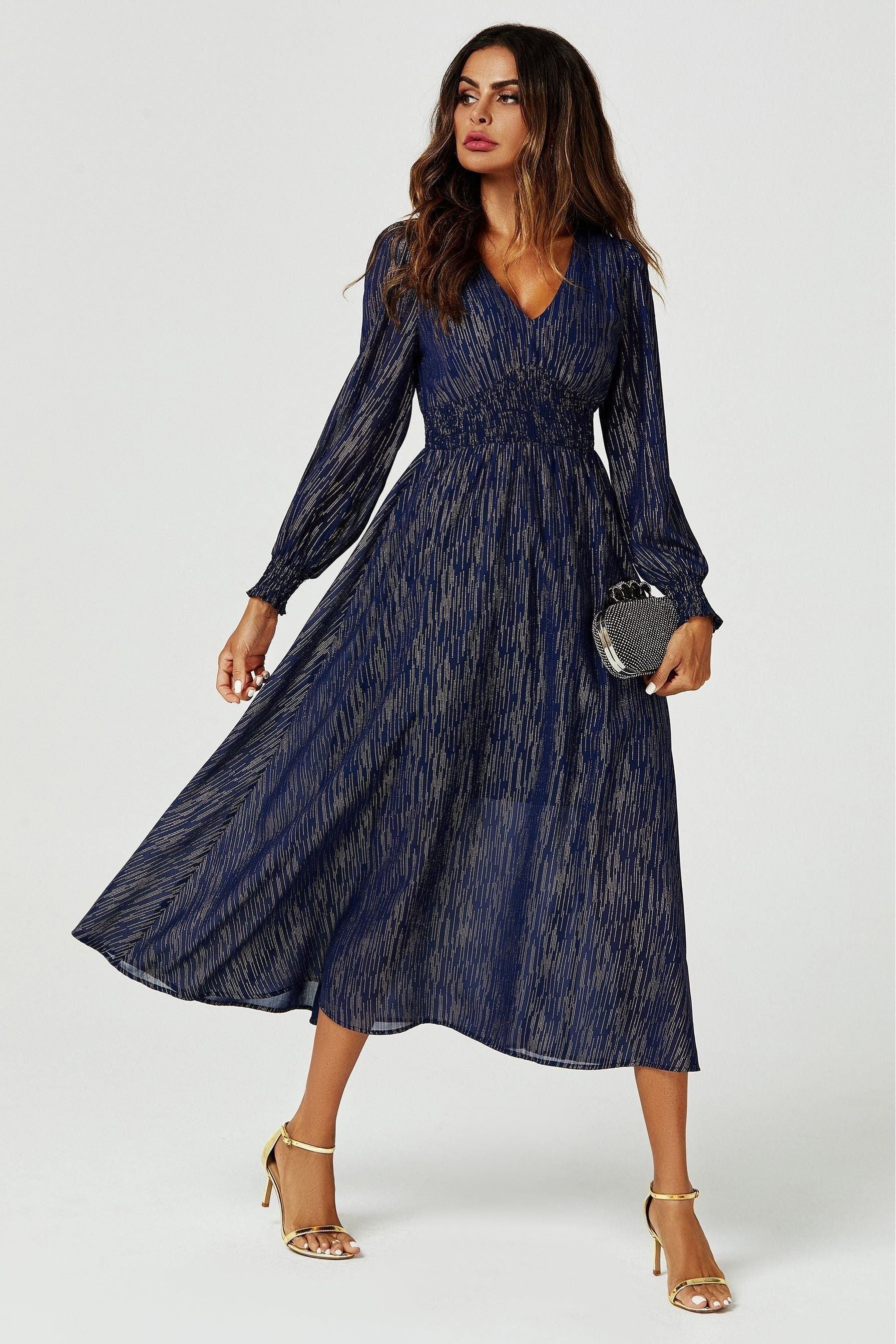 Gold Stripe Foil Long Sleeve Maxi Dress In Navy FS629-NavyStripe