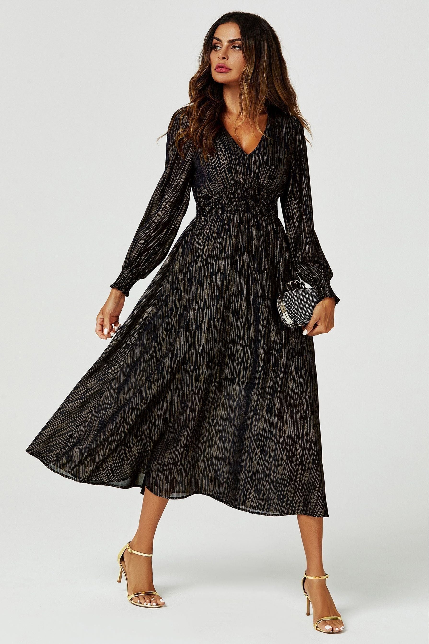 Gold Stripe Foil Long Sleeve Maxi Dress In Black FS629-BlackStripe