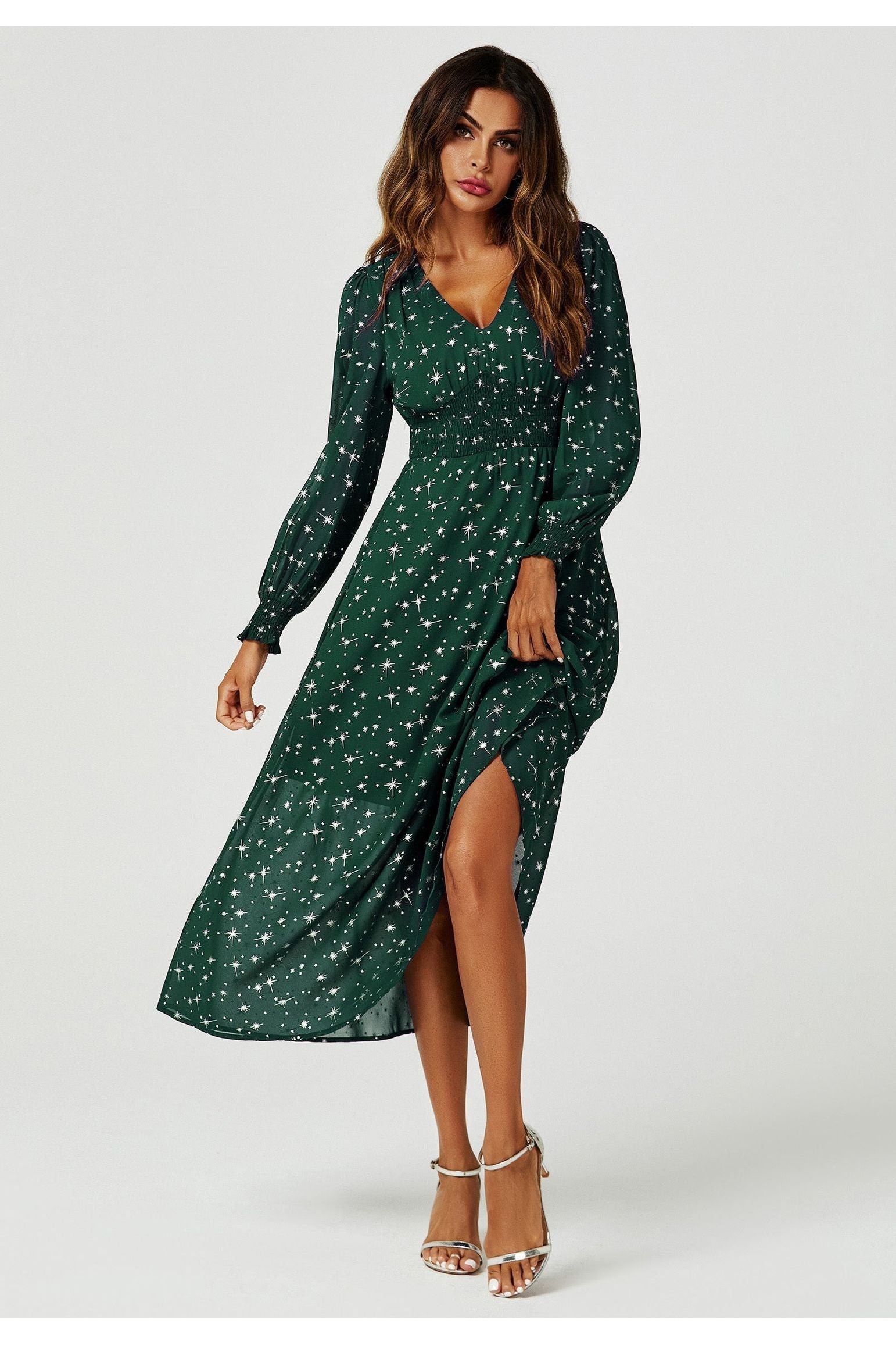 Silver Star Foil Long Sleeve Maxi Dress In Green FS629-GreenStar