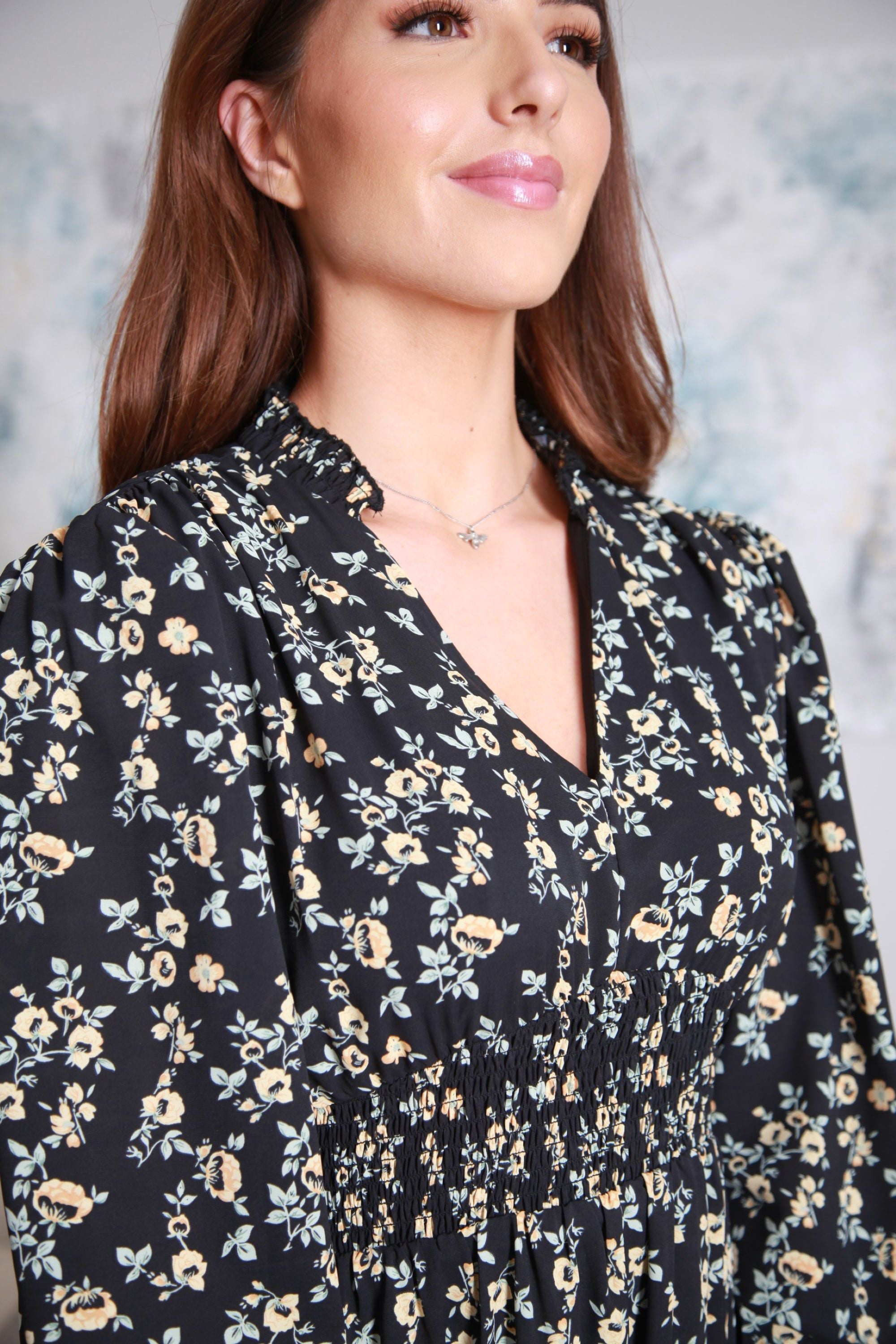 Black Printed Shirring Waist Dress DR0000239