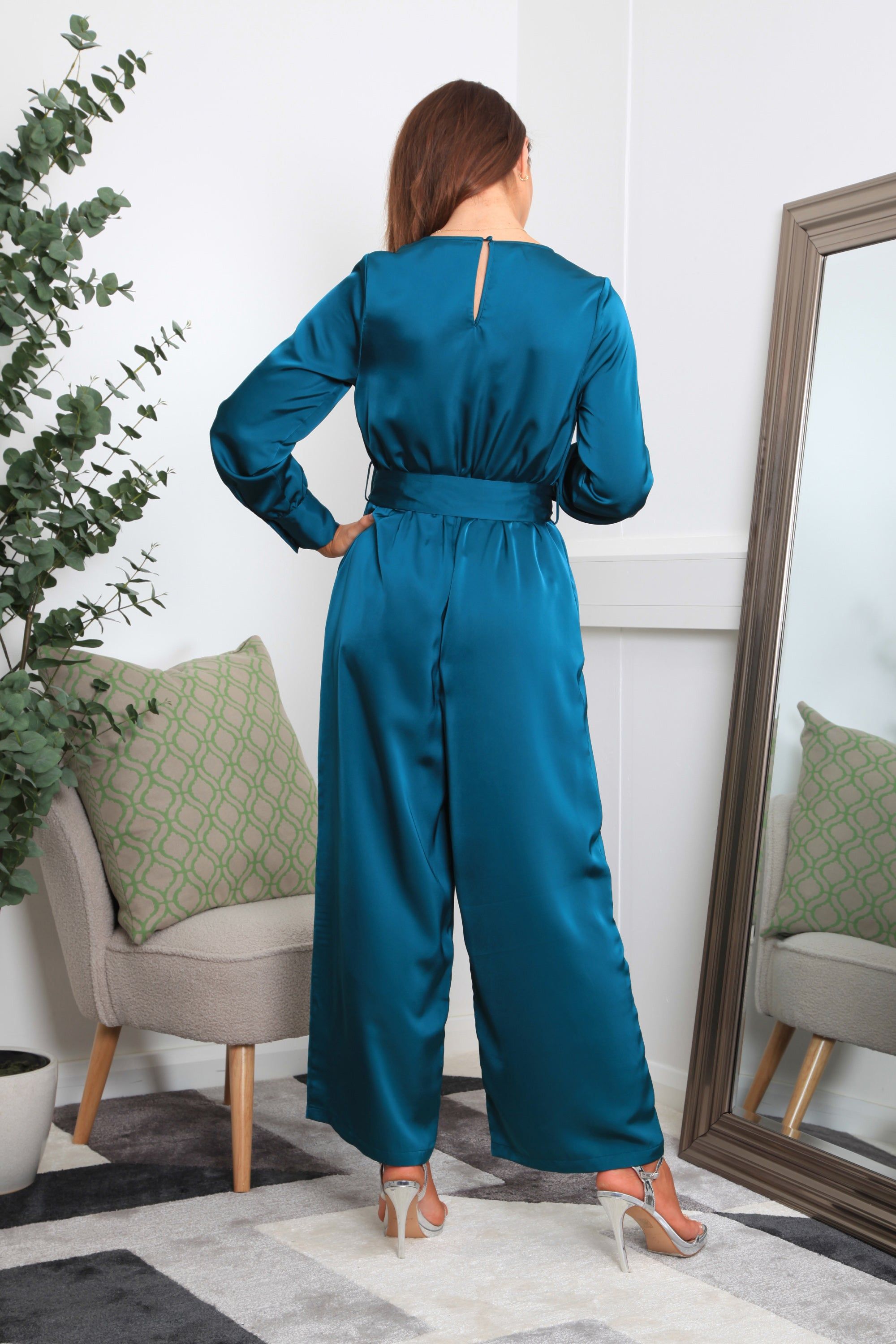 Teal Lux Satin Wrap Jumpsuit JU0000217
