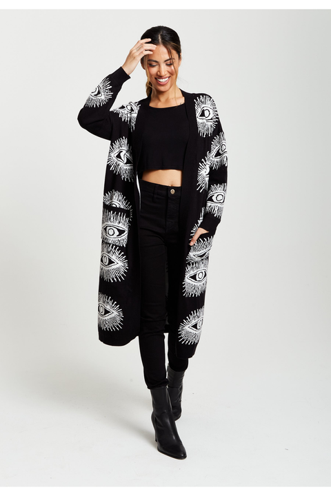 Eye Pattern Longline Cardigan In Black by Liquorish