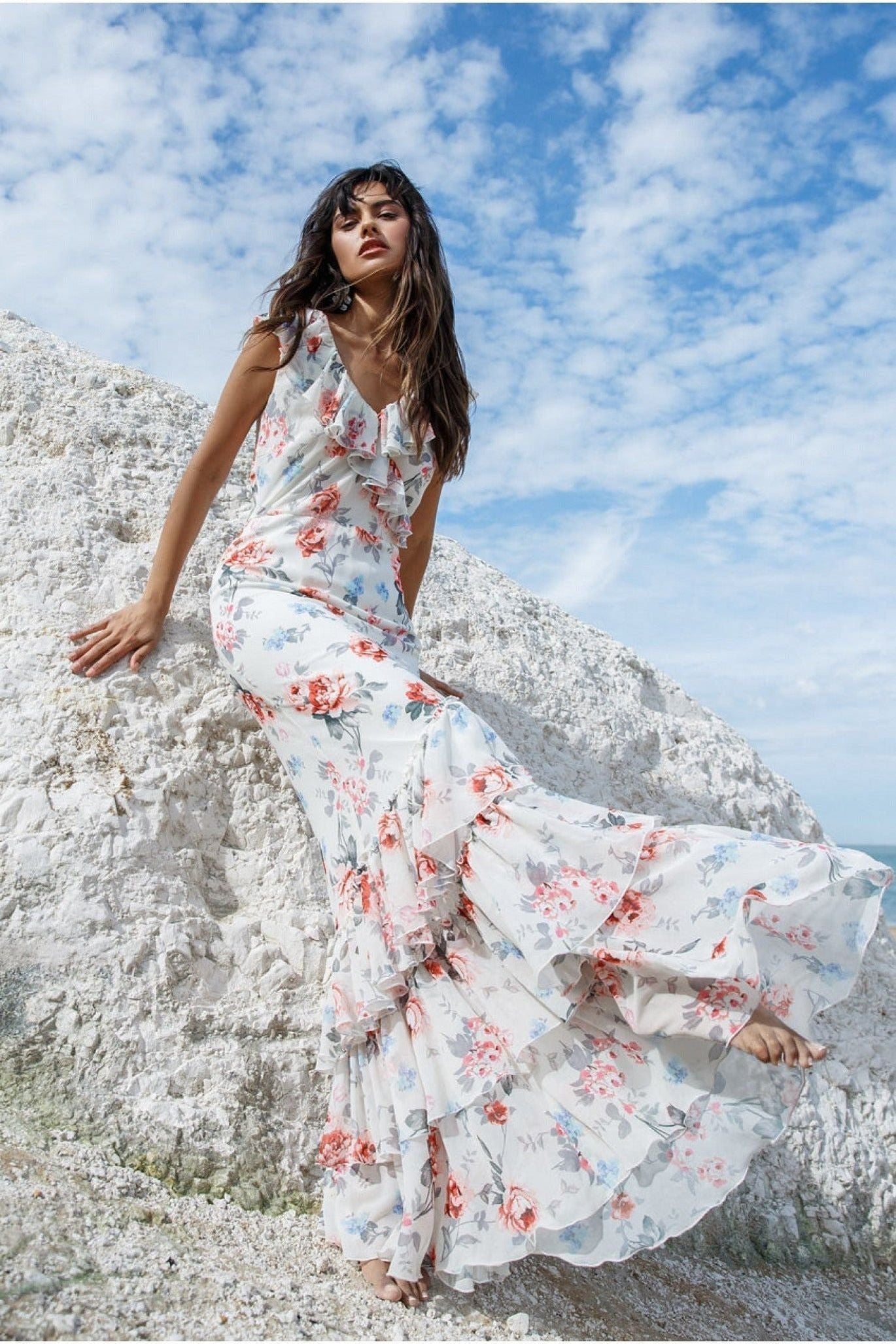 Floral Printed Chiffon Ruffle Maxi - Cream DR3750