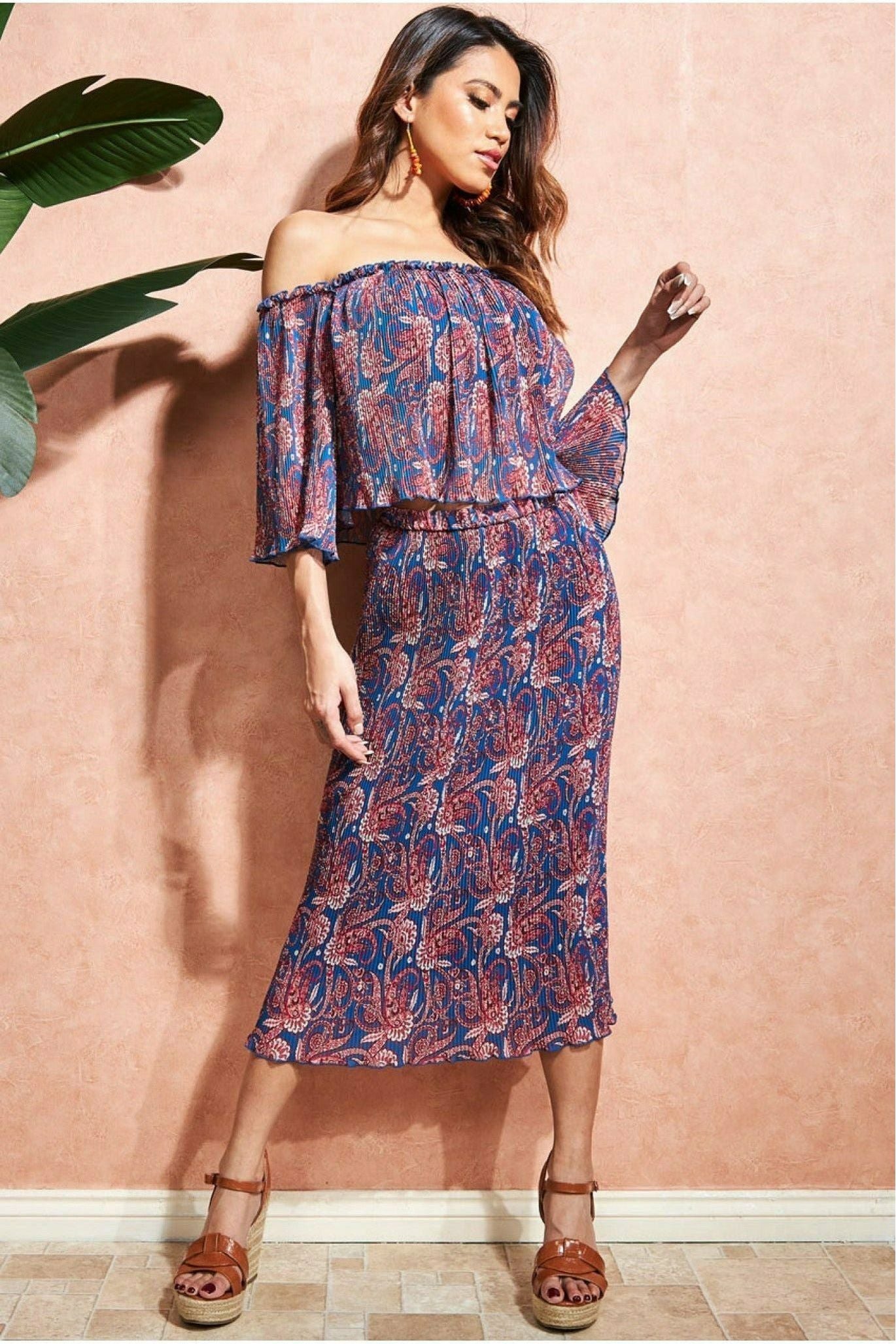 Printed Shirred Midi Skirt - Blue SK15