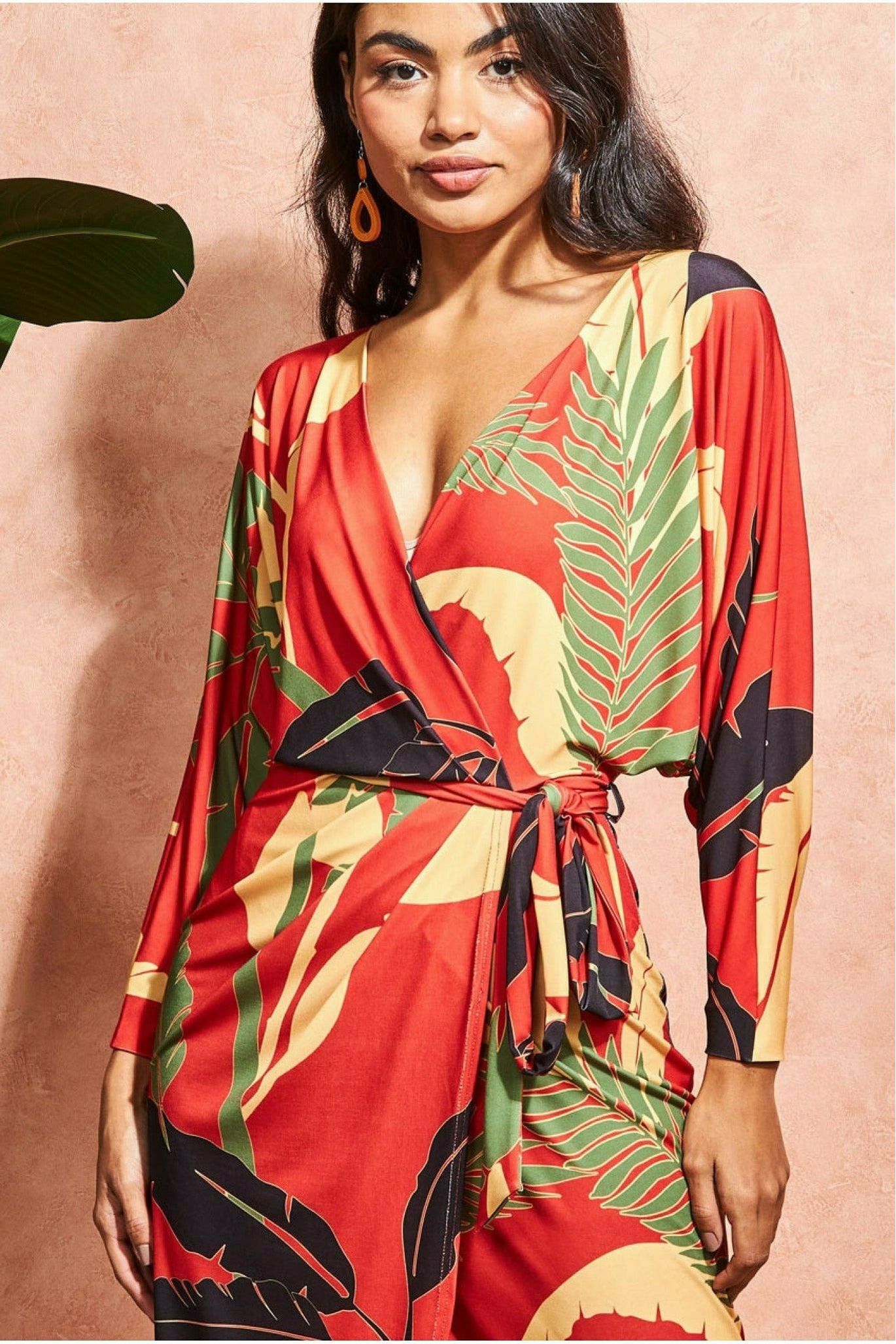 Printed Batwing Wrap Midi Dress - Orange DR3575