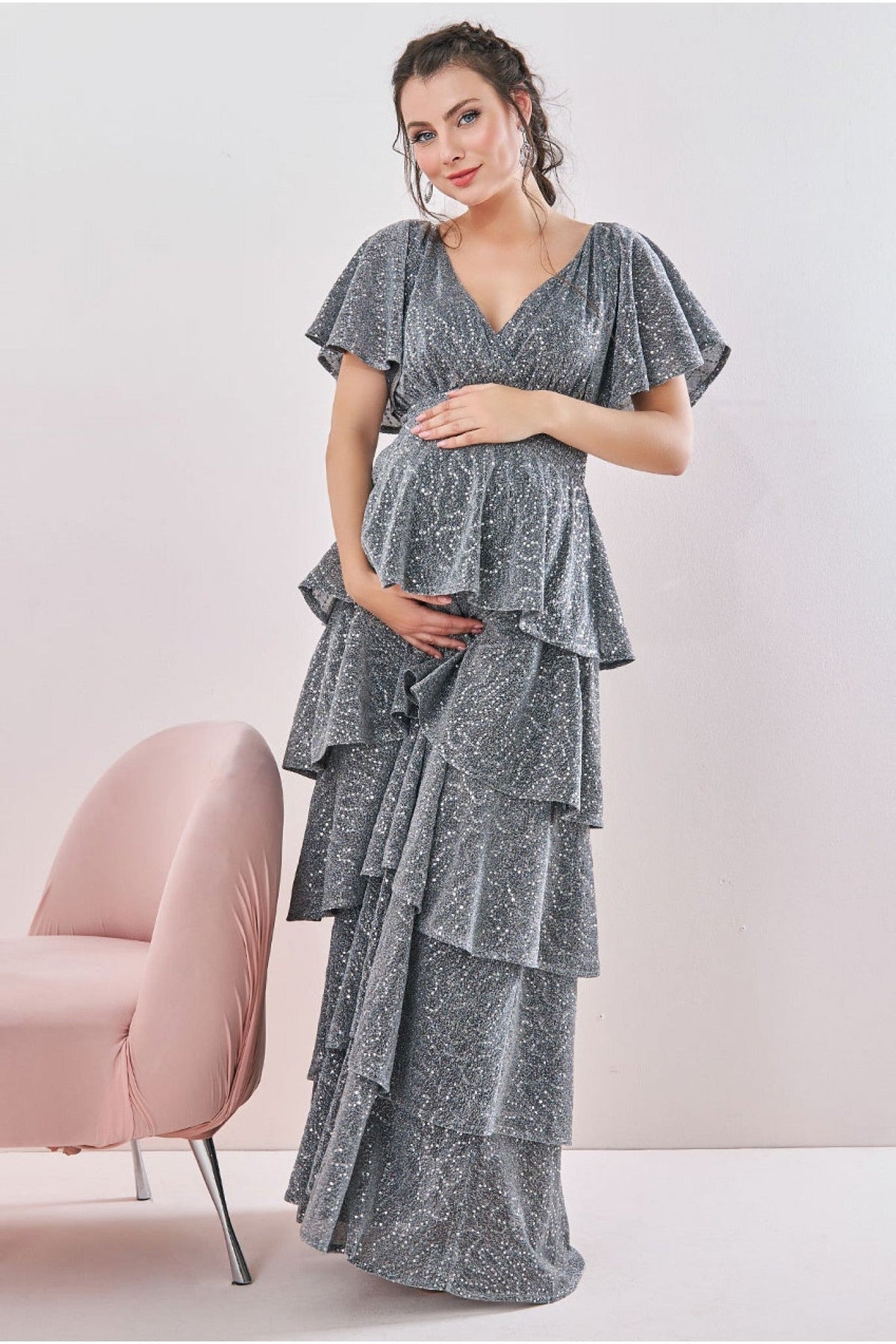 Maternity Sequin Lurex Tiered Maxi Silver DR3657MAT