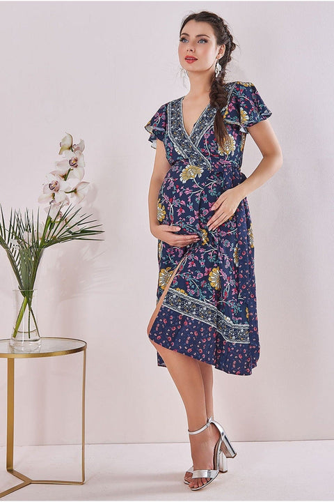 Maternity Floral Print Midi Navy Print by Goddiva