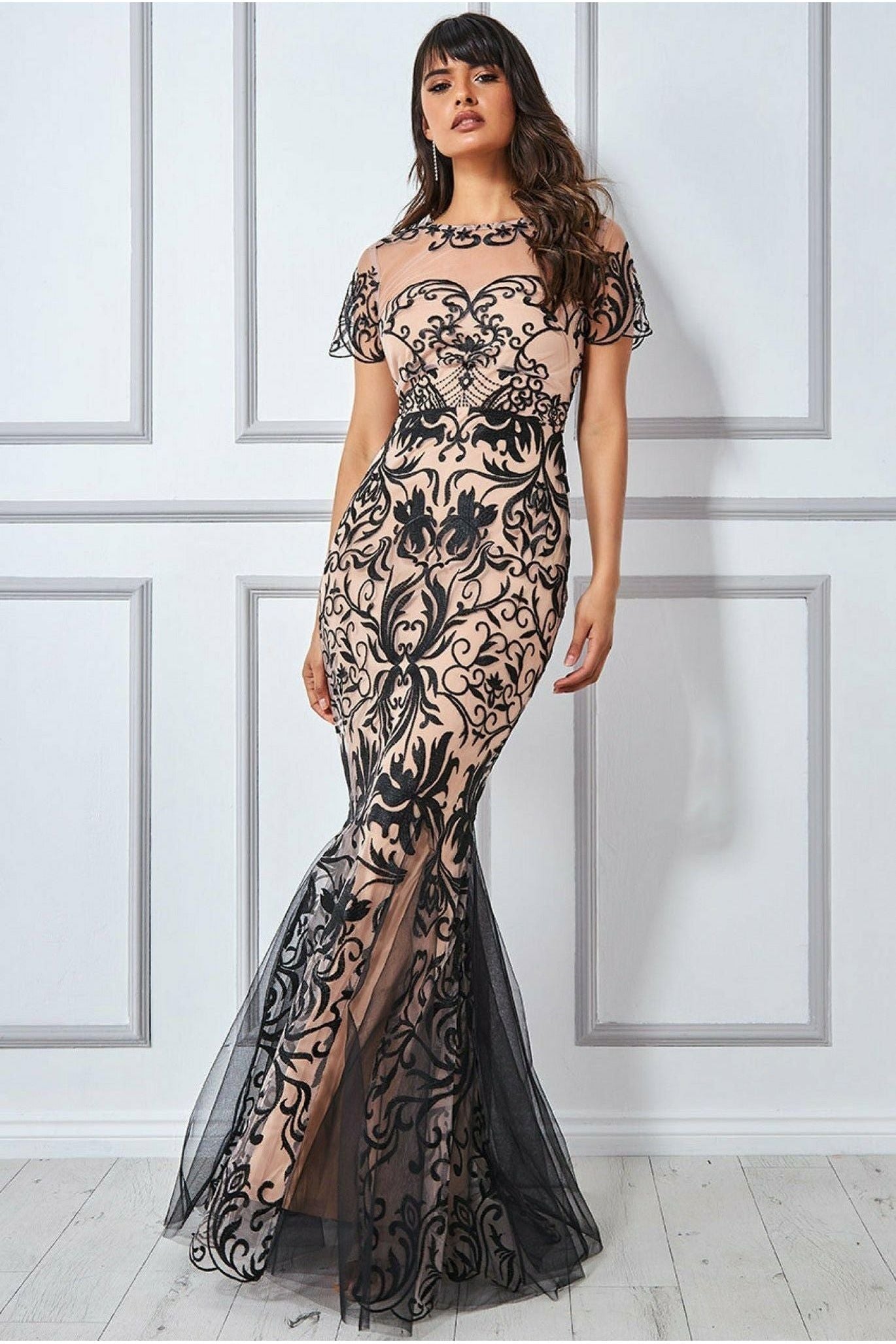 Mesh & Lace Maxi With Scalloped Hem - Black DR3253