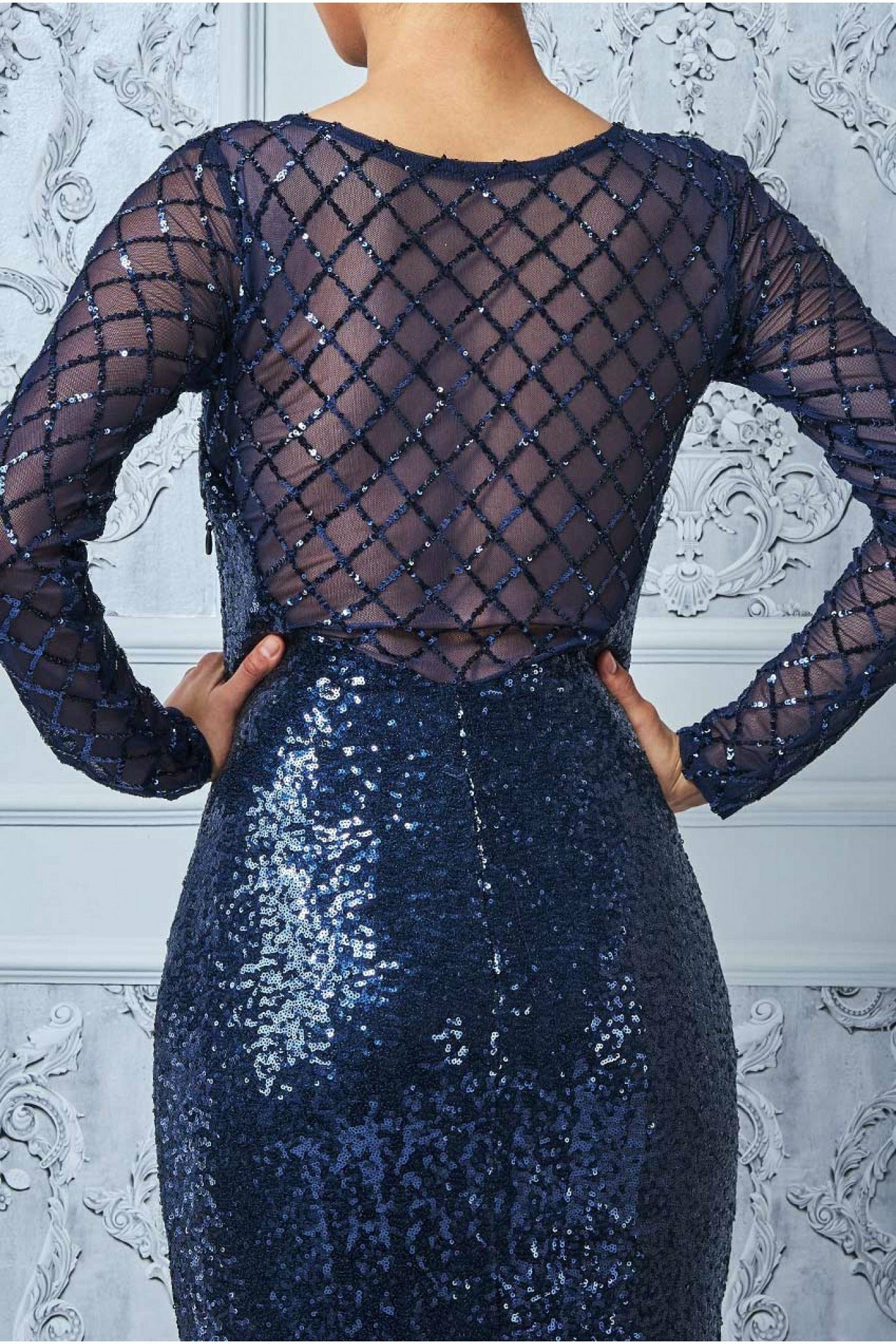 Sheer Diamond Design Sequin Maxi Dress - Navy DR2526