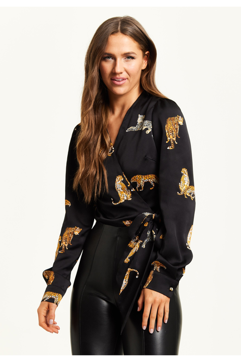 Tiger Print Wrap Top With Long Sleeves by Liquorish