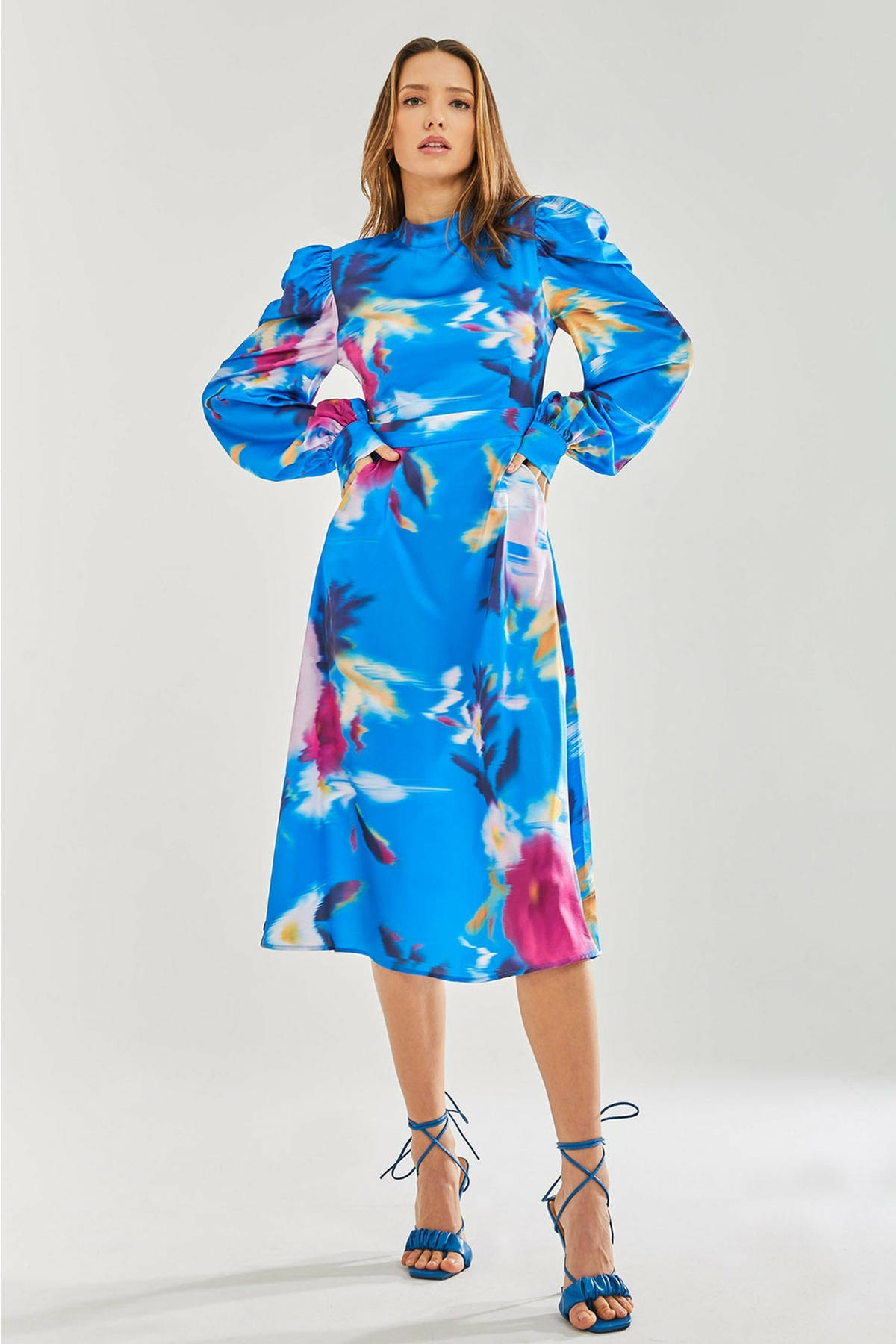 Blue Floral Satin Cut Out Back Midi Dress LIQ22-300