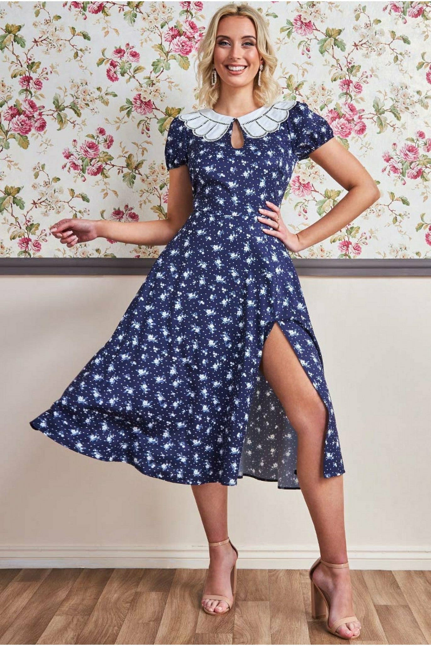 Printed Midi With Front Split - Navy DR3356