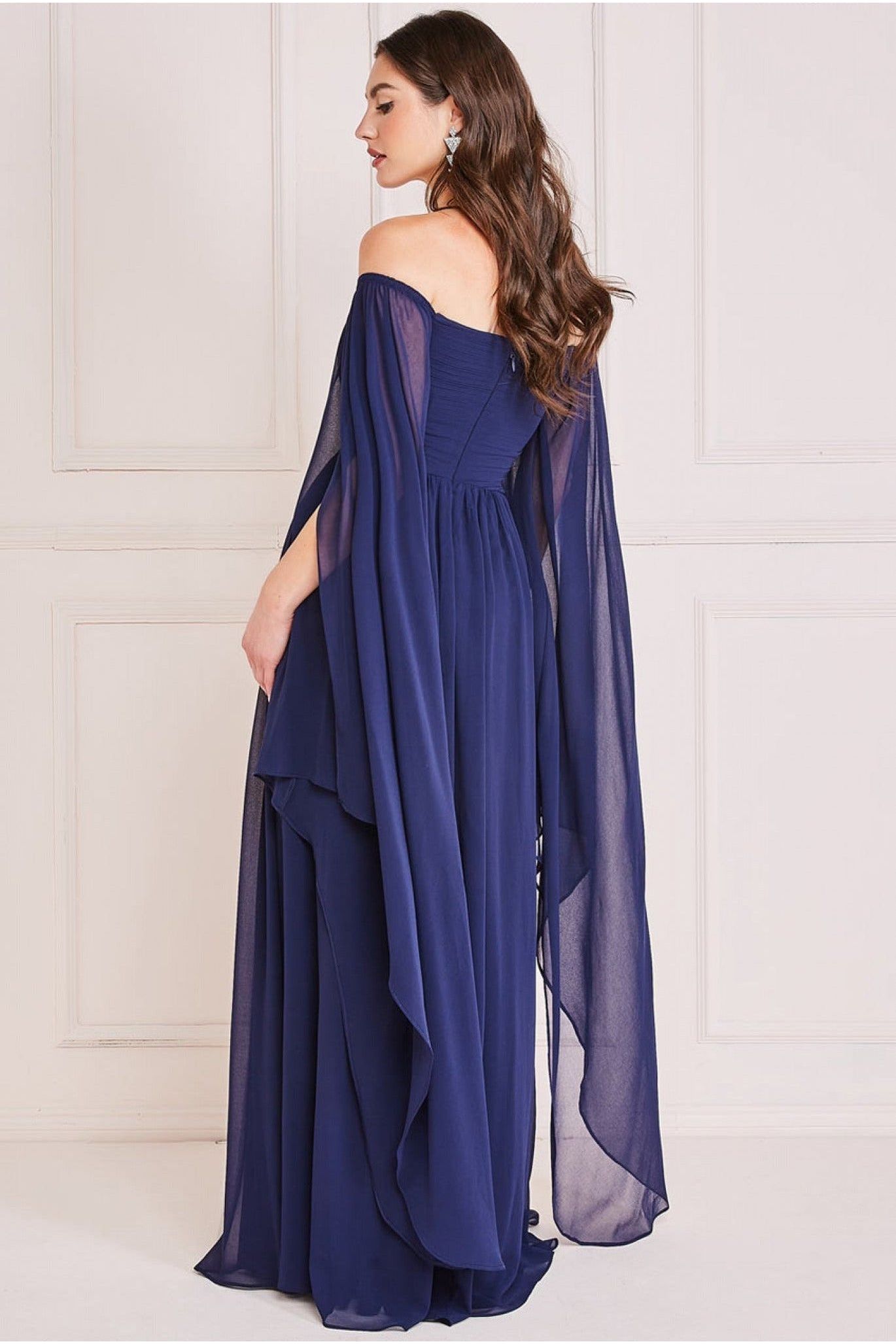 Chiffon Off The Shoulder Maxi With Cape Sleeves - Navy DR3780