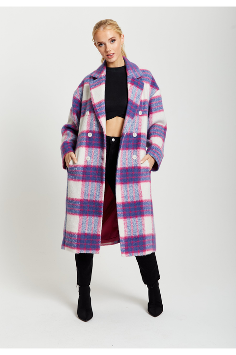 Longline Coat In Pink And Navy Checks by Liquorish