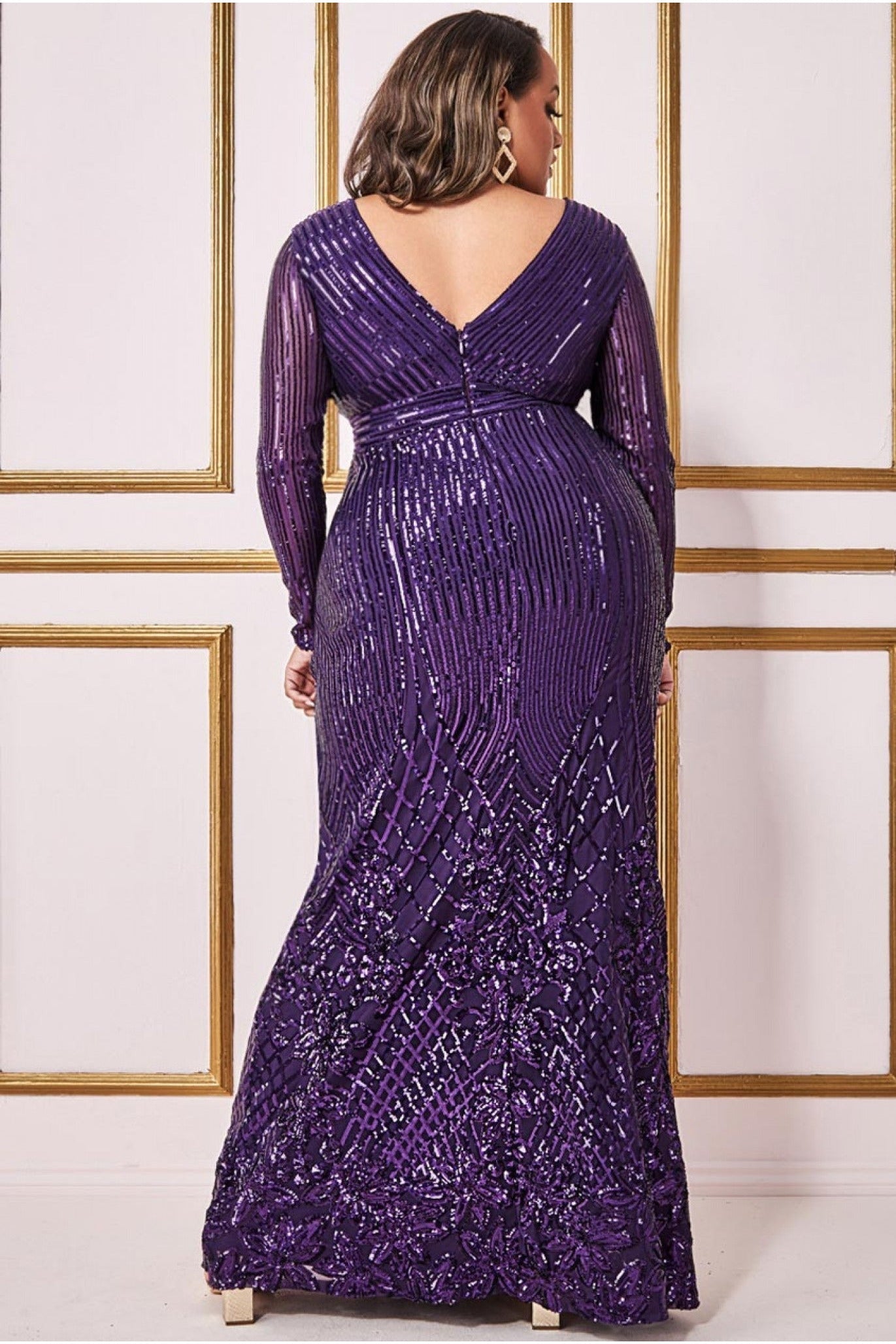 Plus Long Sleeve Sequin V Wrap Maxi - Purple DR3485P