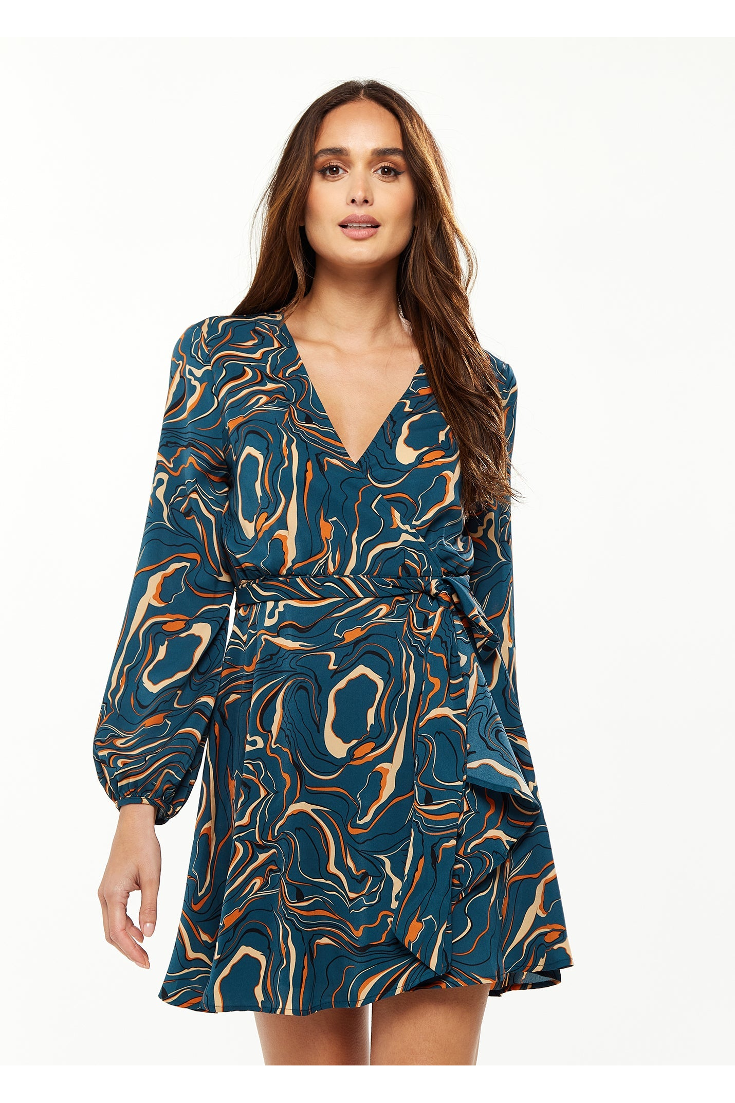 Scribble Print Mini Wrap Dress With Long Sleeves A10-186D-10-1387B-GR