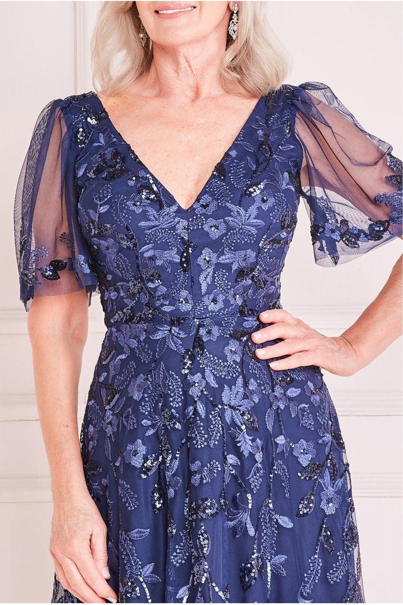 Embroidered Flared Sleeve Maxi - Navy DR3279M