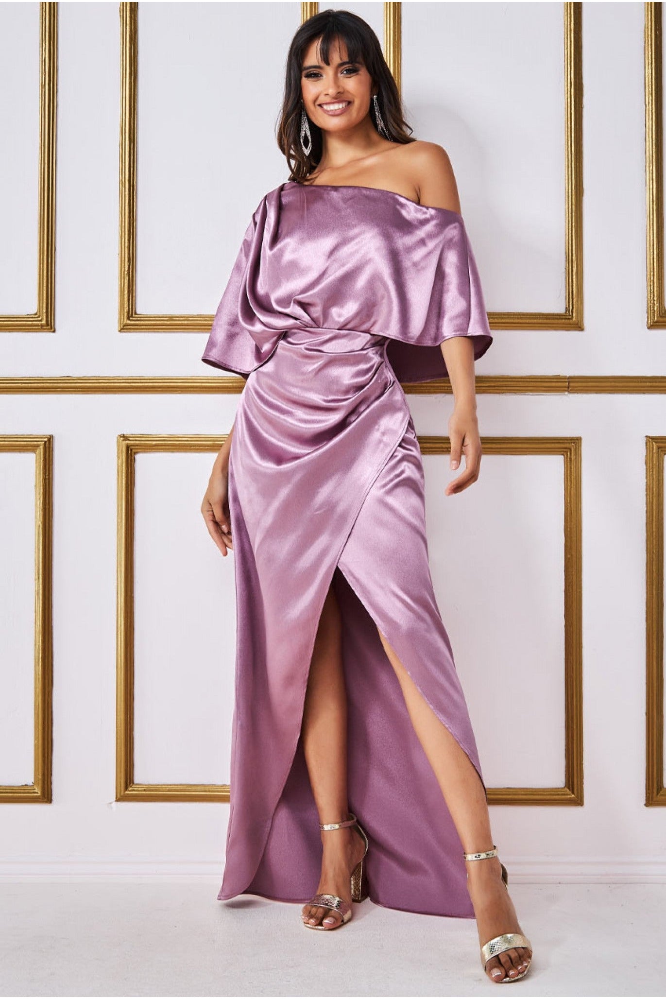 Satin Drape Shoulder Wrap Maxi Dress - Blush DR3450