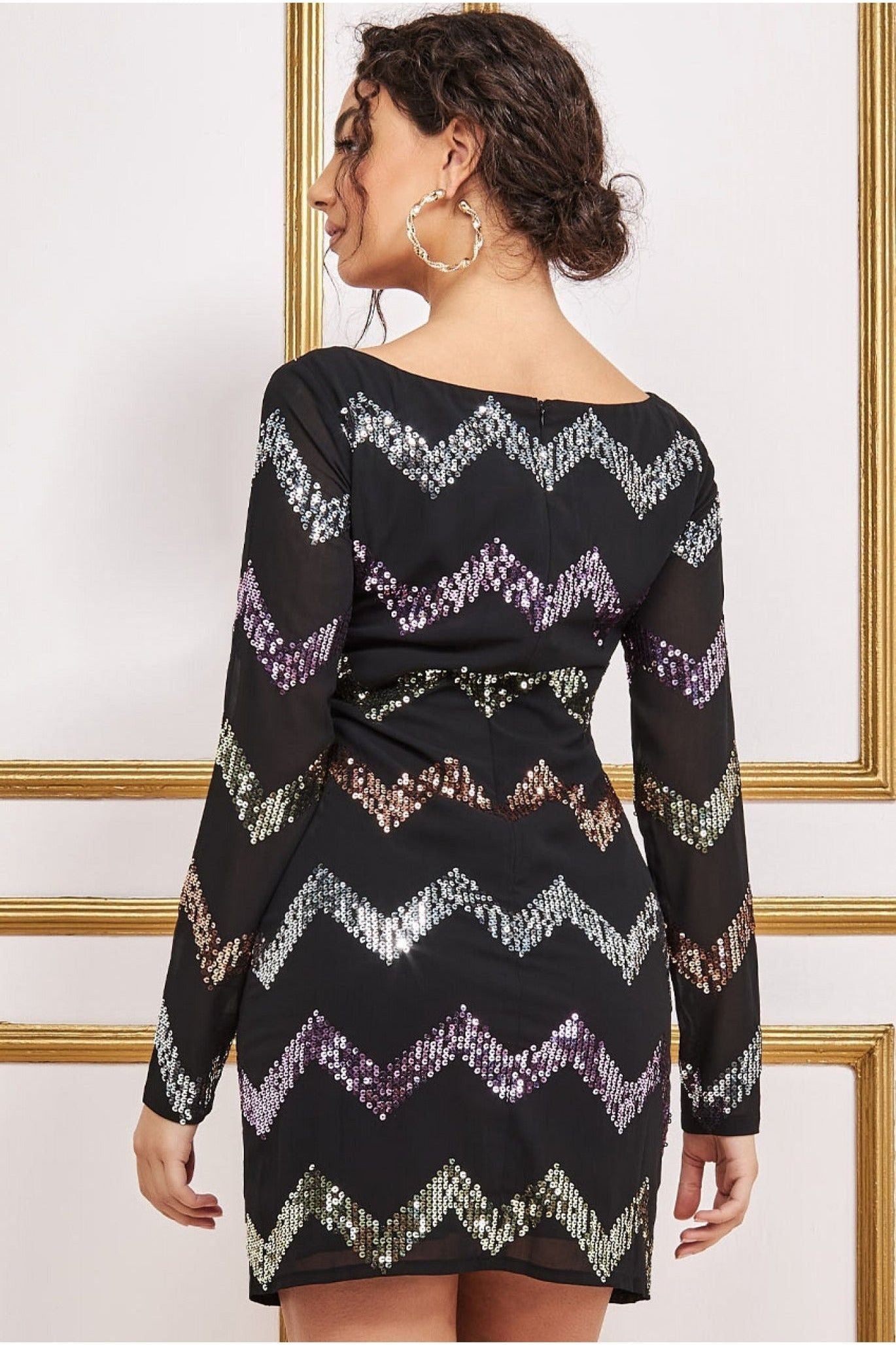 Sequin Zig Zag Shift Mini Dress - Black DR3790