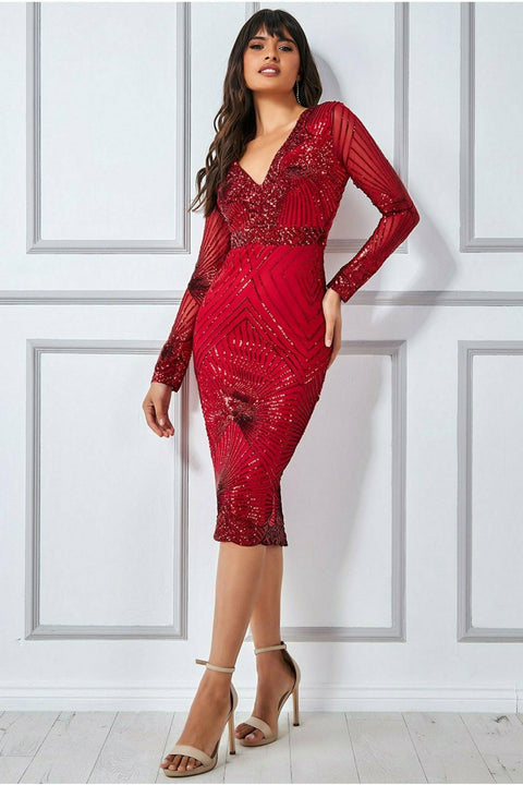 Scalloped Hem Starburst Midi Dress - Red by Goddiva
