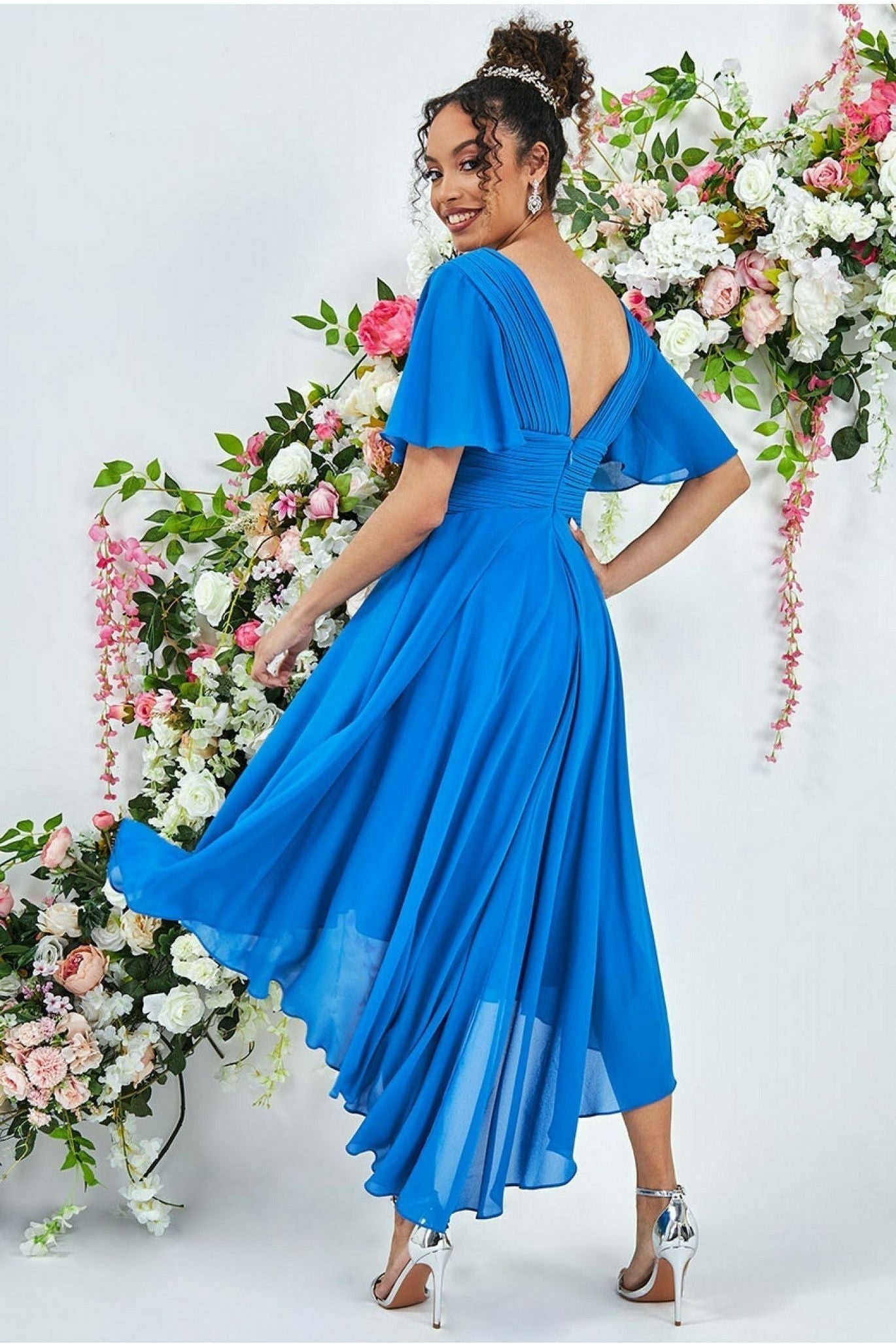Pleated Chiffon High Low Midi Dress - Atlantic Blue DR3305