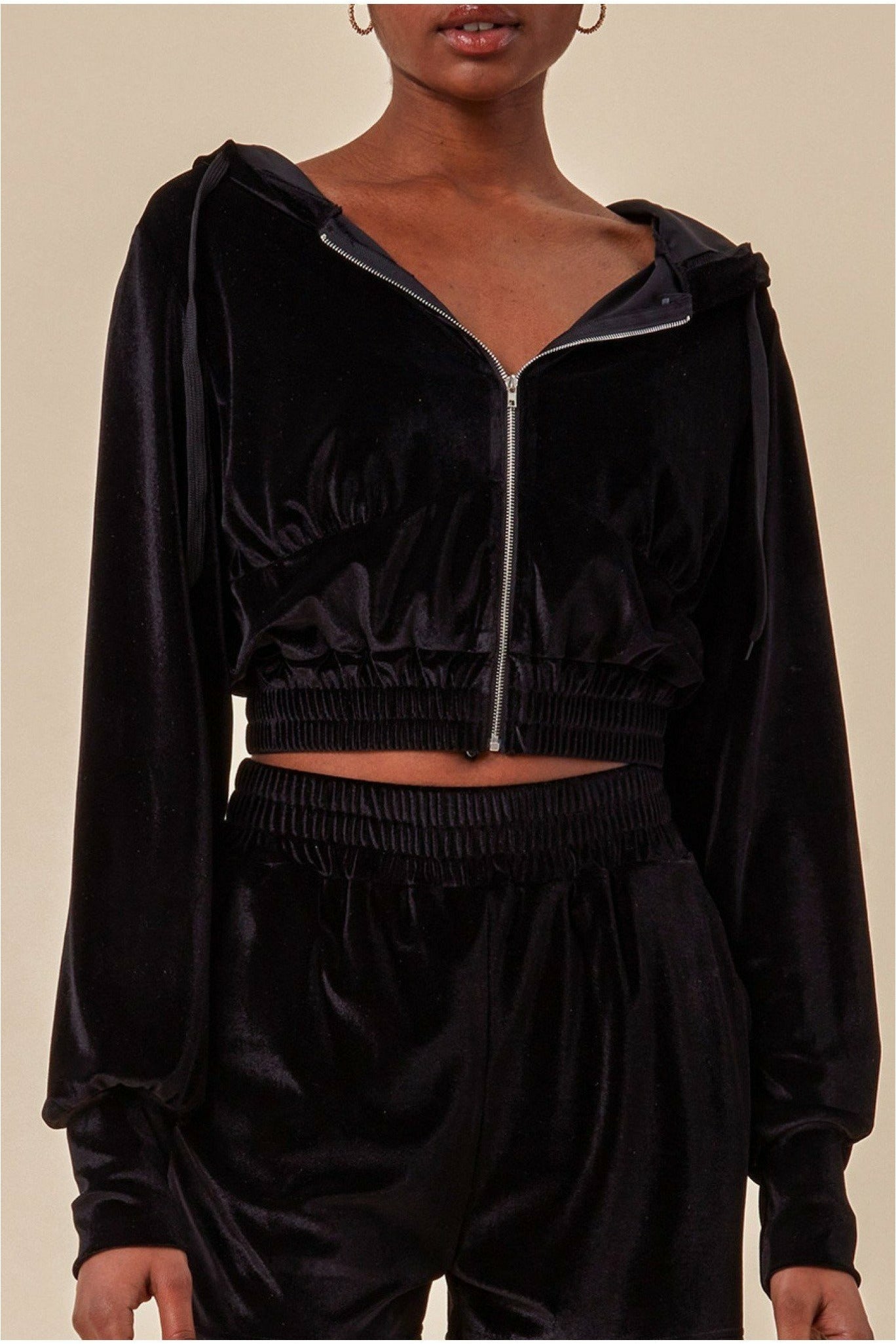 Velour Hoodie & Short Set - Black TS22