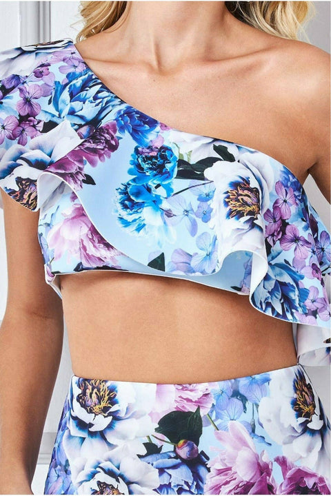 One Shoulder Floral Crop Top - Light Blue by Goddiva