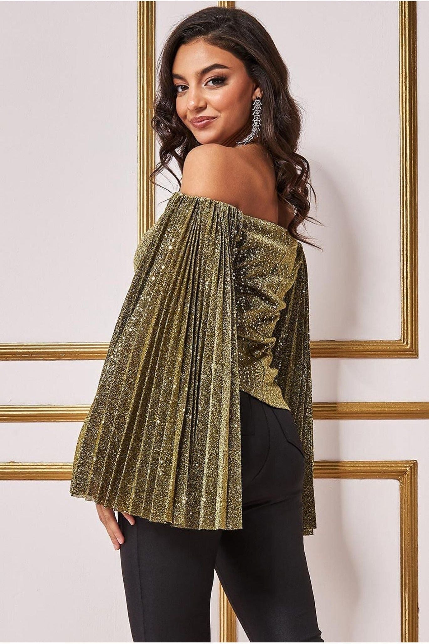Sequin Lurex Bardot Pleated Sleeve Top - Gold T205