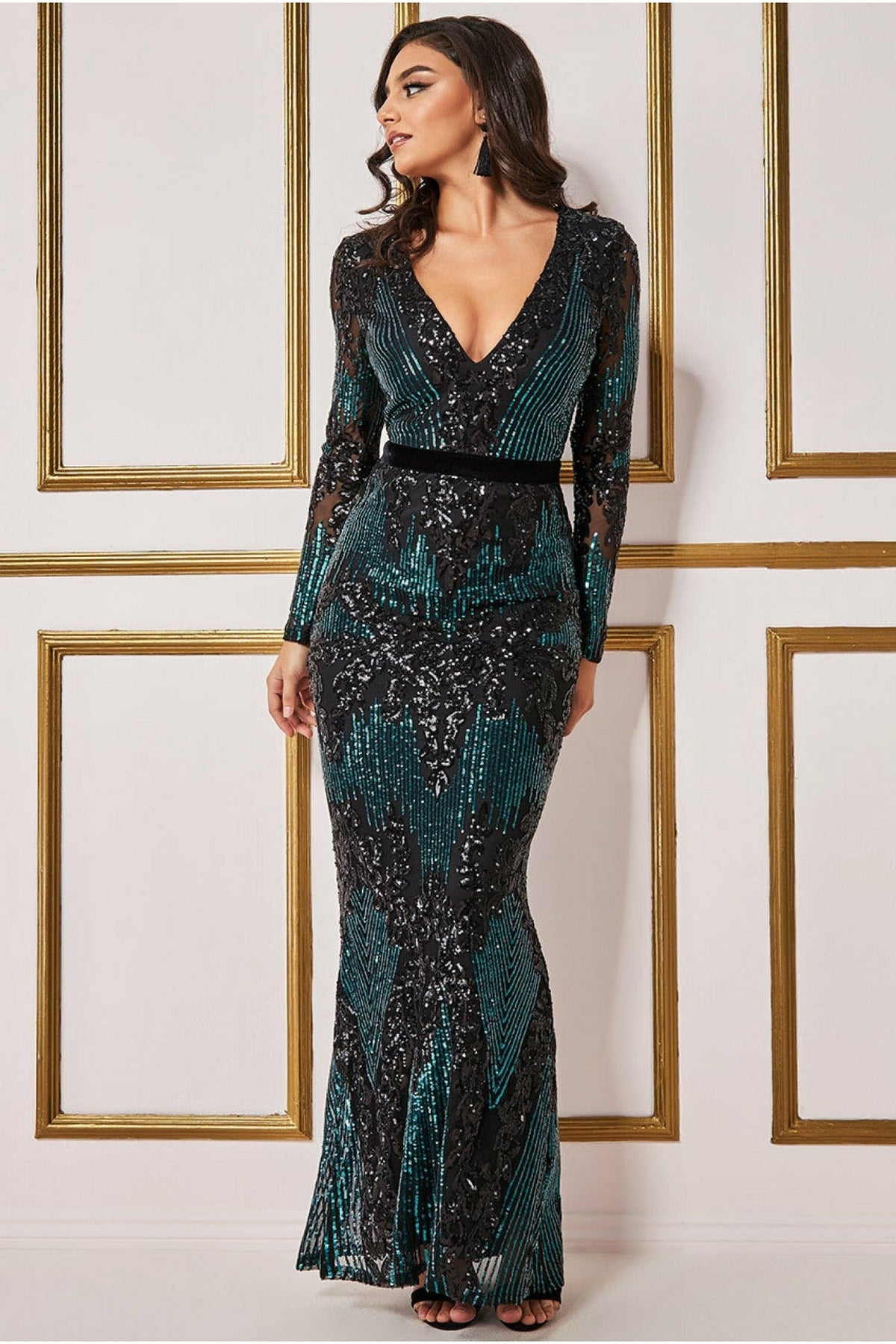 Long Sleeve Sequin Evening Maxi Dress - Emerald DR3016