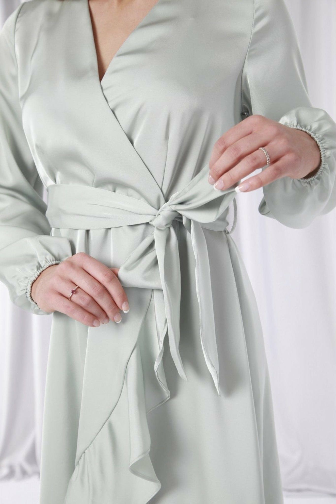 Sage Frill Satin Wrap Dress DR0000206