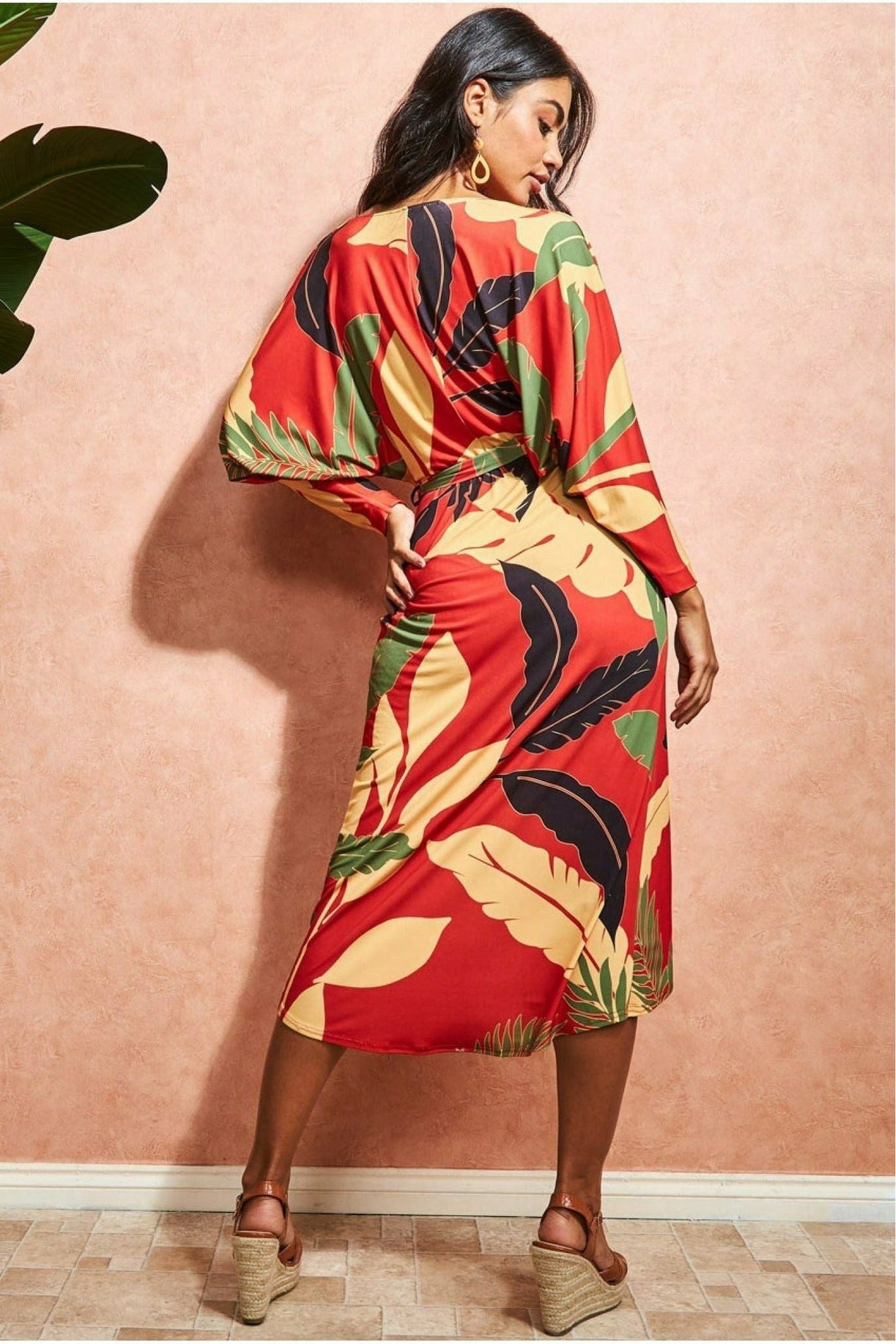 Printed Batwing Wrap Midi Dress - Orange DR3575
