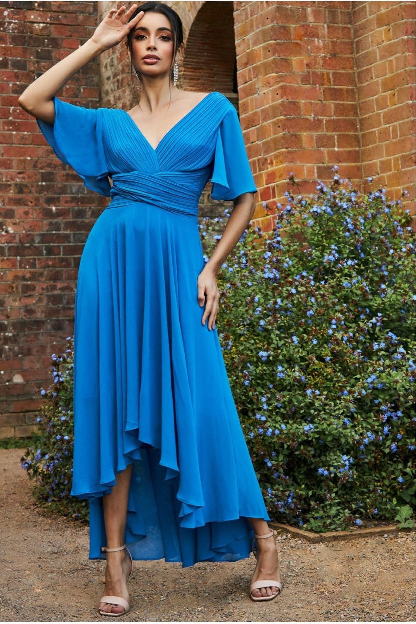 Pleated Chiffon High Low Midi Dress - Atlantic Blue DR3305
