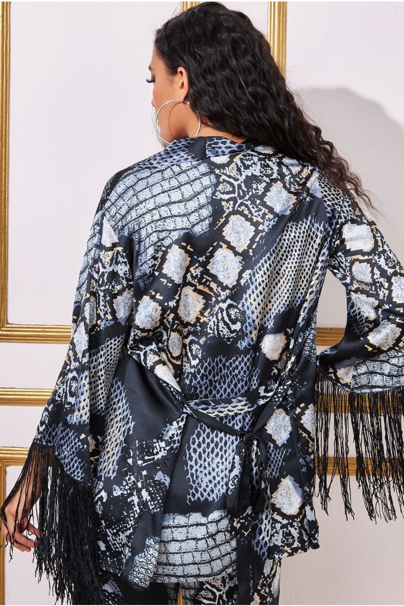 Foil Print Kimono With Tassels - Black T217
